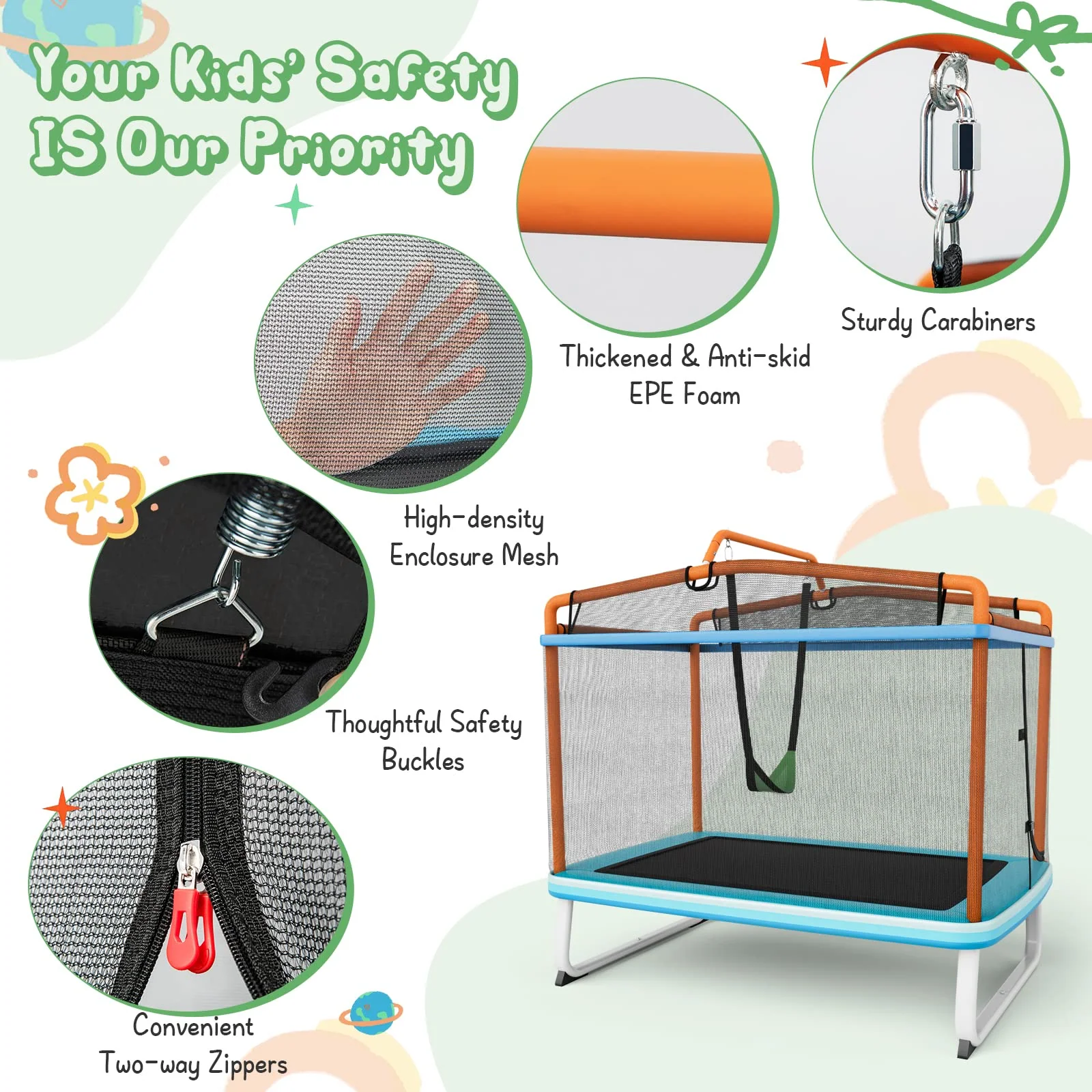 Goplus 3-in-1 6FT Kids Trampoline with Swing and Horizontal Bar, Mini Toddler Trampoline w/ Enclosure Safety Net - Image 4