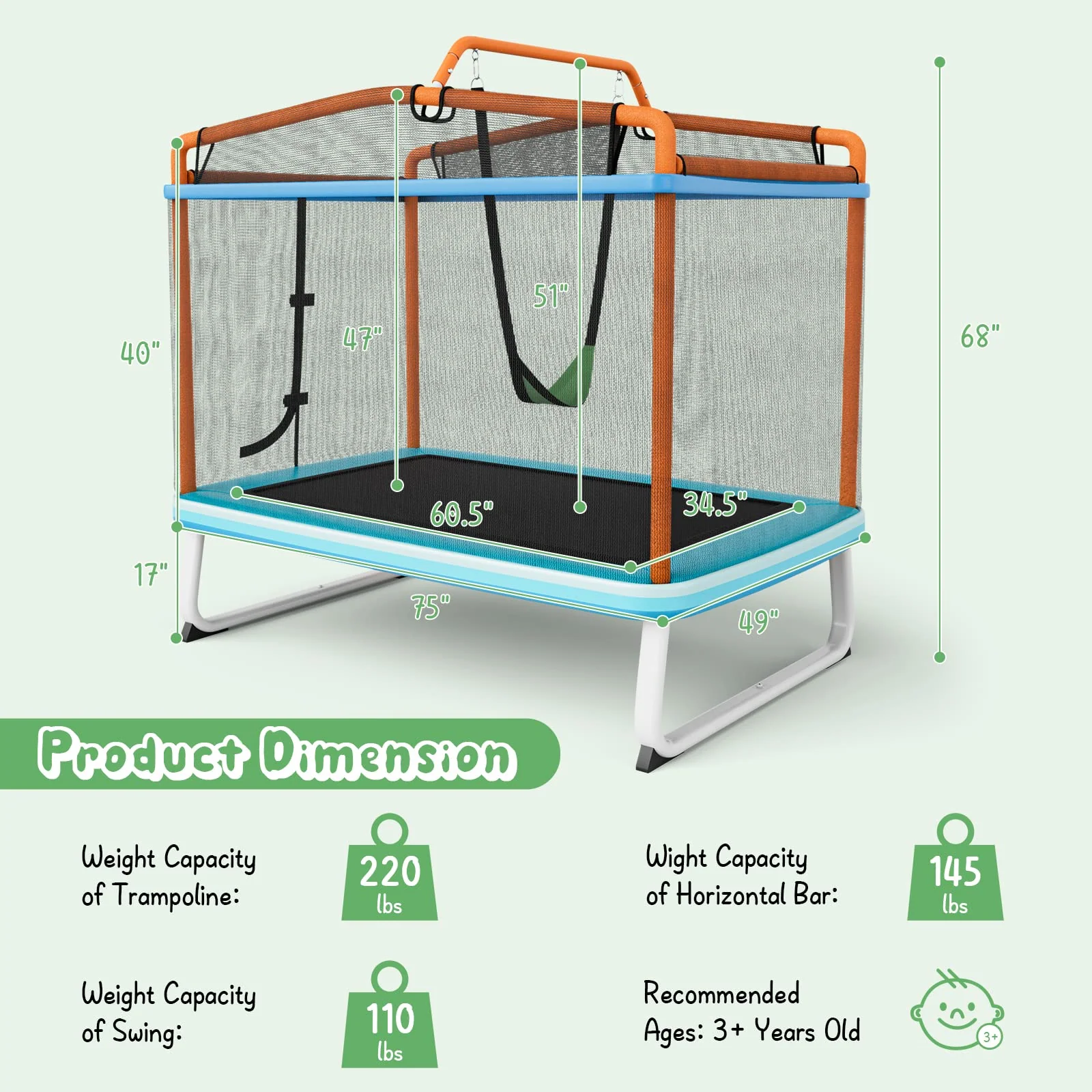 Goplus 3-in-1 6FT Kids Trampoline with Swing and Horizontal Bar, Mini Toddler Trampoline w/ Enclosure Safety Net - Image 6