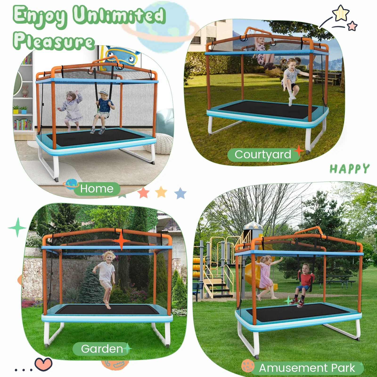 Goplus 3-in-1 6FT Kids Trampoline with Swing and Horizontal Bar, Mini Toddler Trampoline w/ Enclosure Safety Net - Image 7
