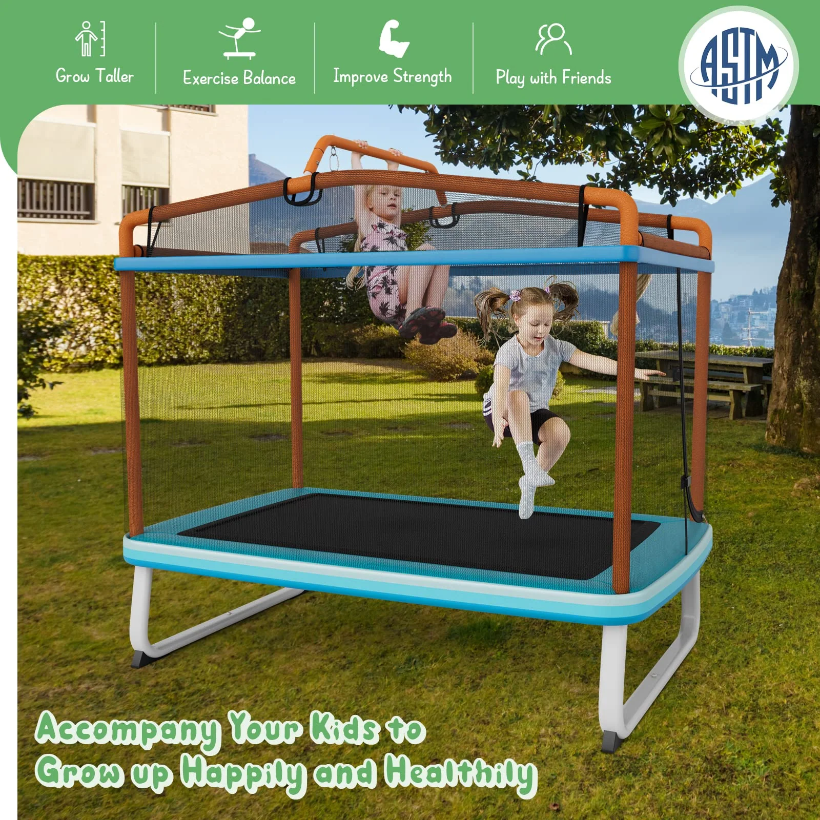 Goplus 3-in-1 6FT Kids Trampoline with Swing and Horizontal Bar, Mini Toddler Trampoline w/ Enclosure Safety Net - Image 8