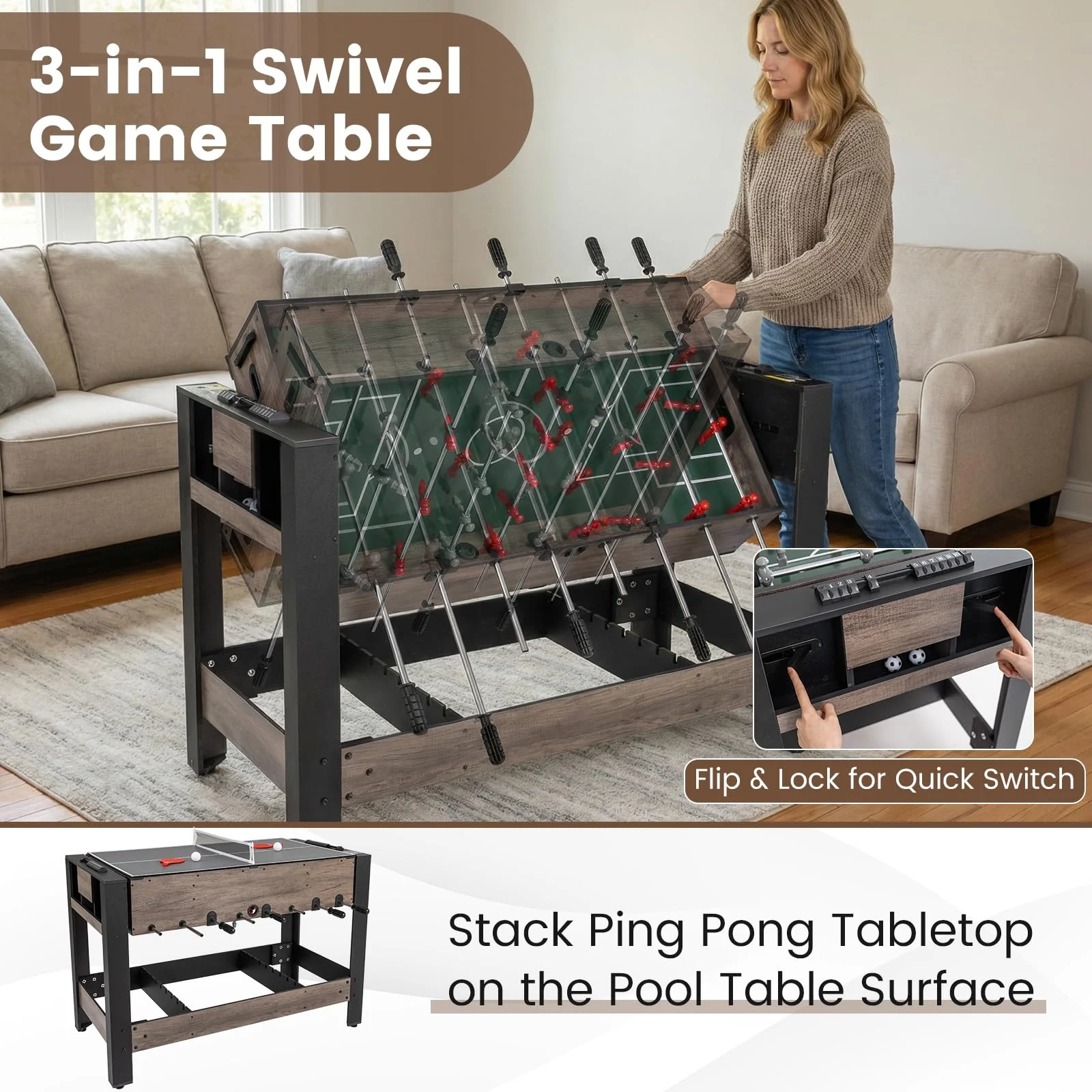 Goplus 3-in-1 Swivel Game Table with Foosball Pool Billiards & Table Tennis for Adults - Image 2