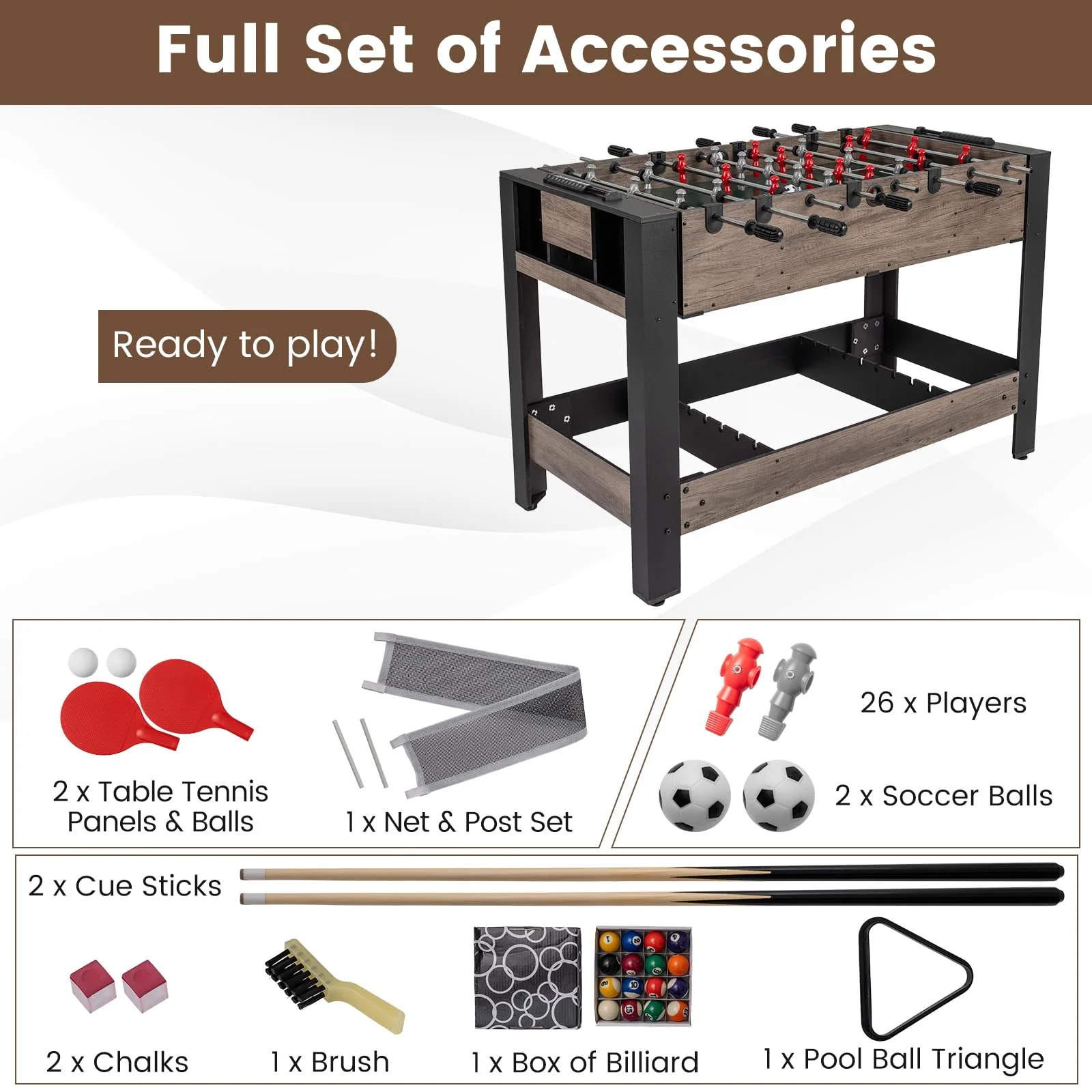 Goplus 3-in-1 Swivel Game Table with Foosball Pool Billiards & Table Tennis for Adults - Image 3