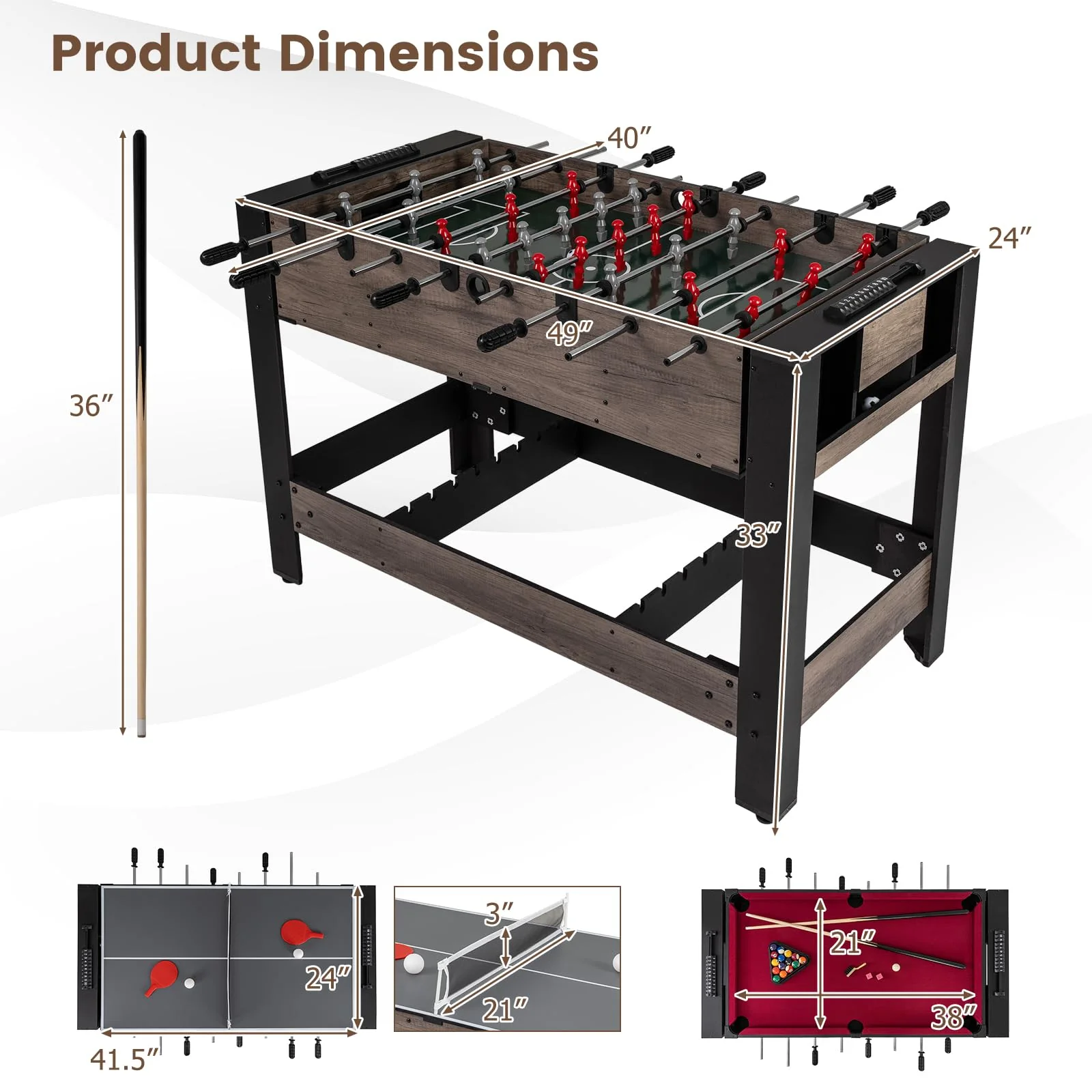Goplus 3-in-1 Swivel Game Table with Foosball Pool Billiards & Table Tennis for Adults - Image 6