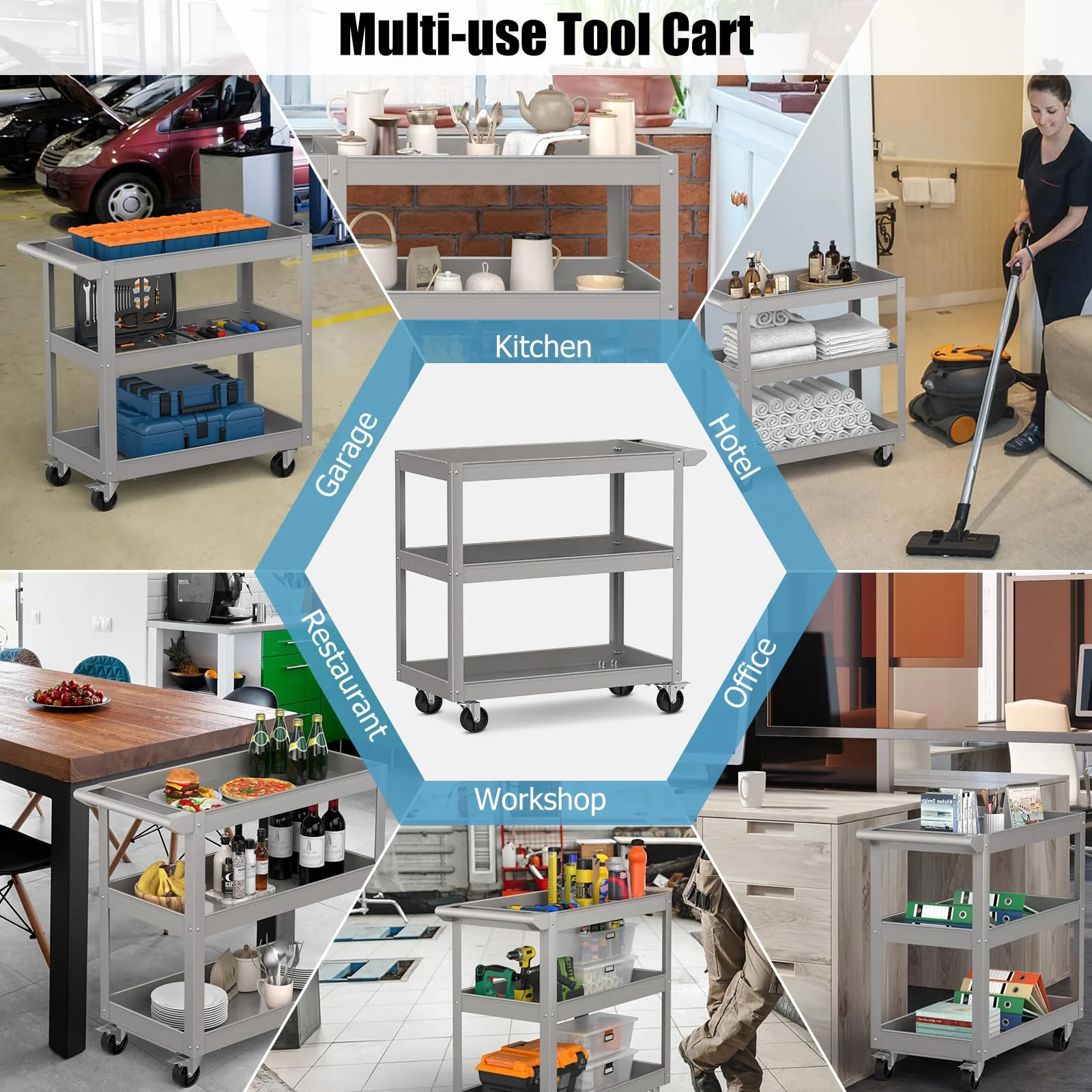 Goplus 3-Layer Service Utility Cart, Heavy Duty Unity Cart with Flat Handle - Image 8