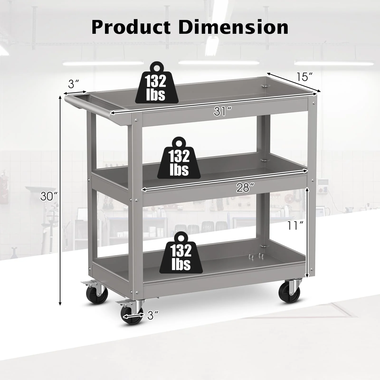 Goplus 3-Layer Service Utility Cart, Heavy Duty Unity Cart with Flat Handle - Image 9