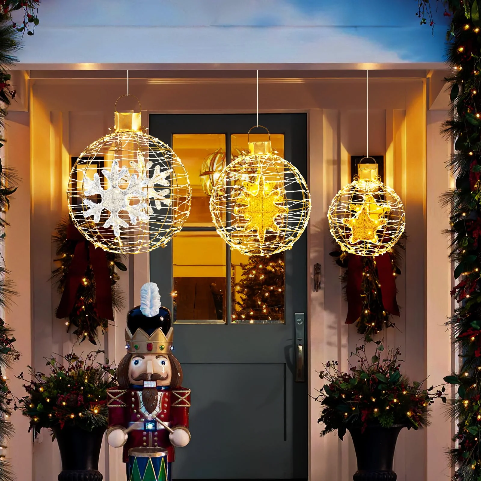 Goplus 3 PCS Pre-Lit Lantern Balls, Hanging/Standing Christmas Ornaments with 732 Bright LED Lights, Zip Ties & Ground Stakes - Image 2