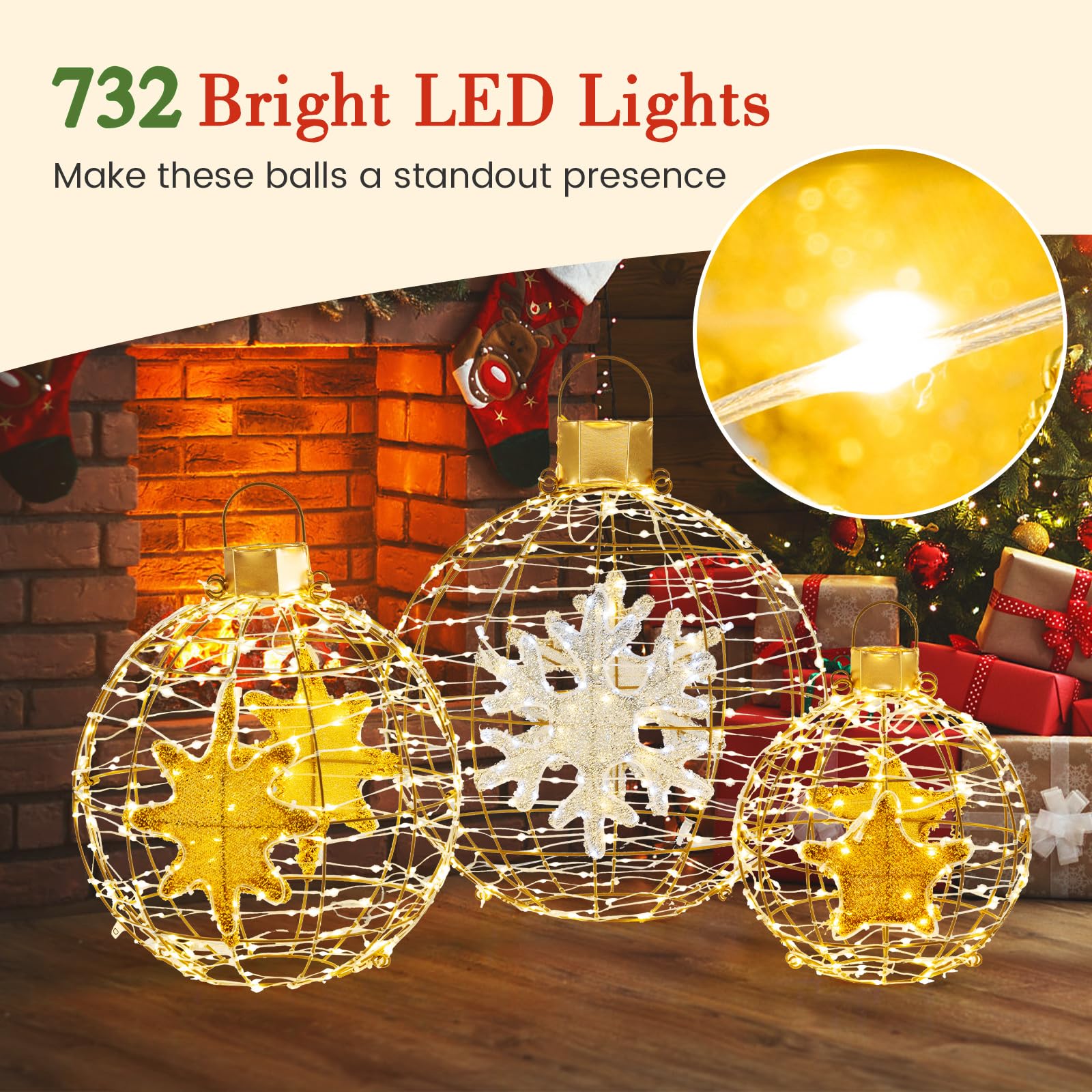Goplus 3 PCS Pre-Lit Lantern Balls, Hanging/Standing Christmas Ornaments with 732 Bright LED Lights, Zip Ties & Ground Stakes - Image 3