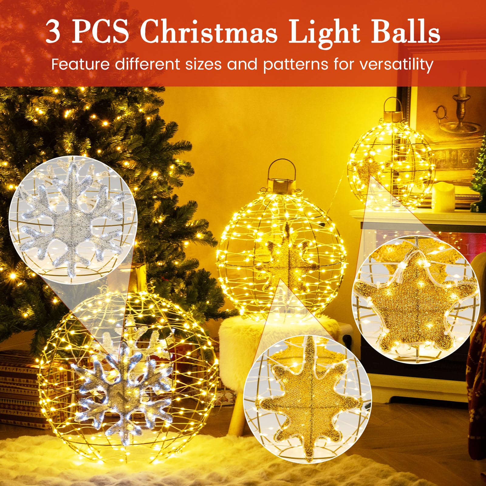 Goplus 3 PCS Pre-Lit Lantern Balls, Hanging/Standing Christmas Ornaments with 732 Bright LED Lights, Zip Ties & Ground Stakes - Image 4