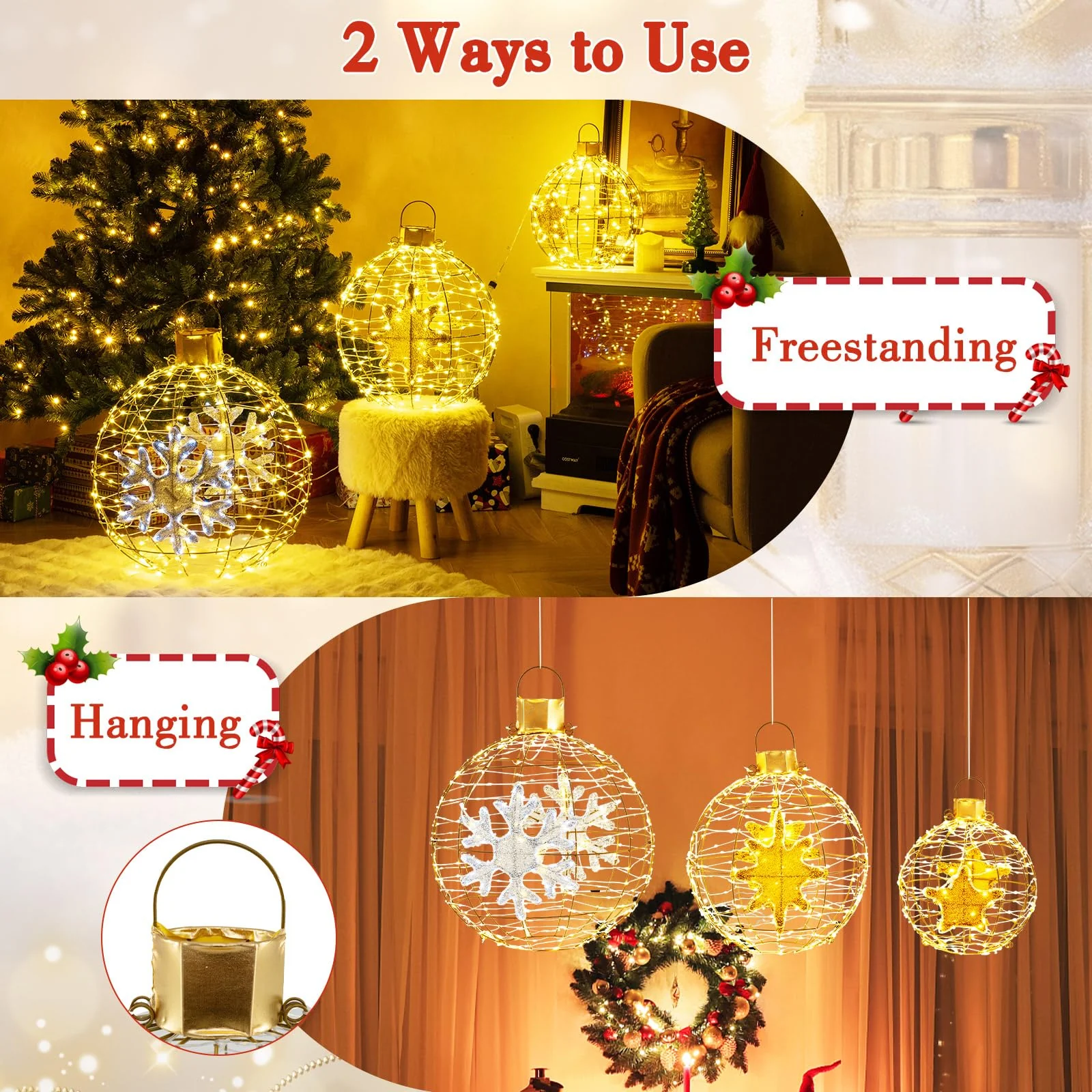 Goplus 3 PCS Pre-Lit Lantern Balls, Hanging/Standing Christmas Ornaments with 732 Bright LED Lights, Zip Ties & Ground Stakes - Image 5