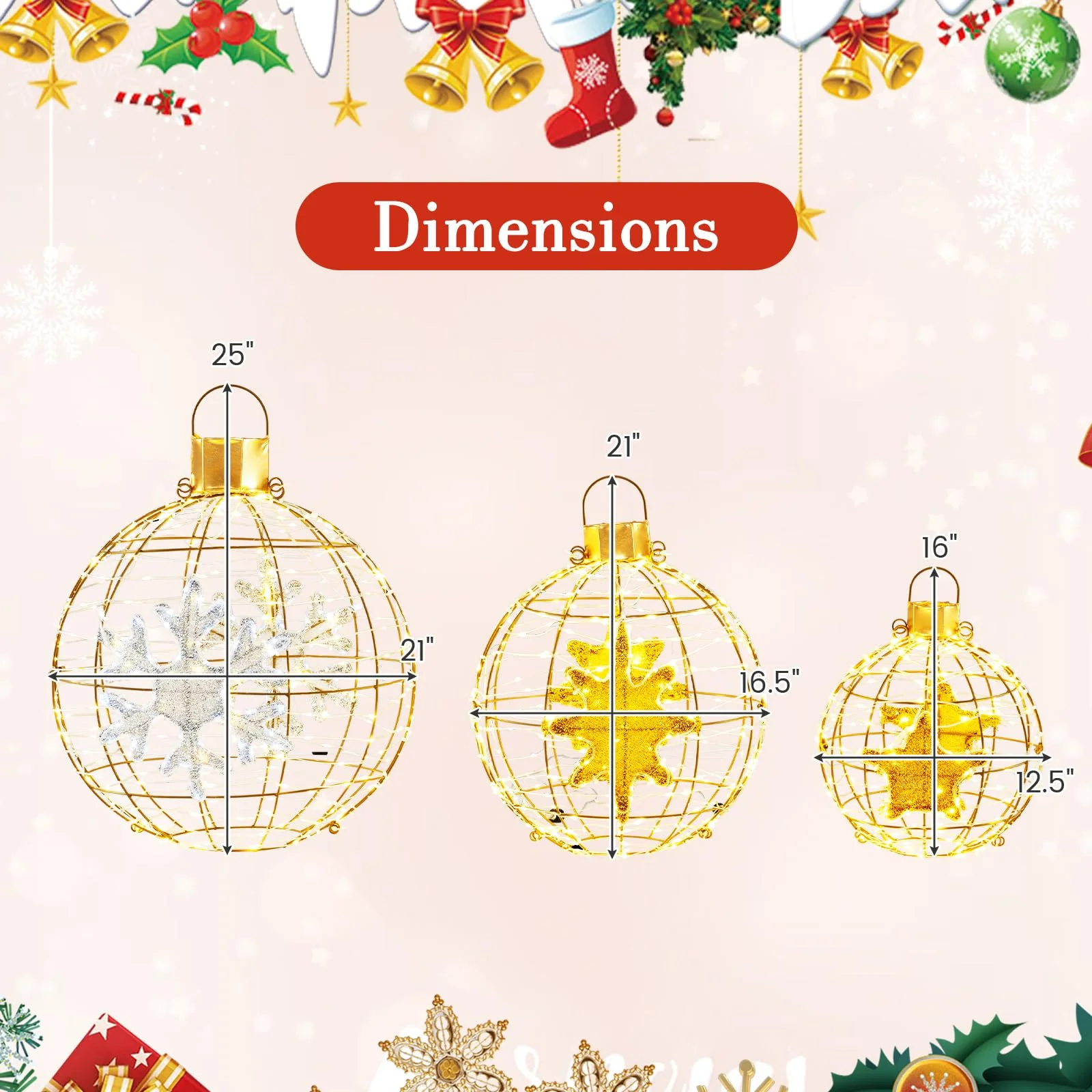 Goplus 3 PCS Pre-Lit Lantern Balls, Hanging/Standing Christmas Ornaments with 732 Bright LED Lights, Zip Ties & Ground Stakes - Image 7