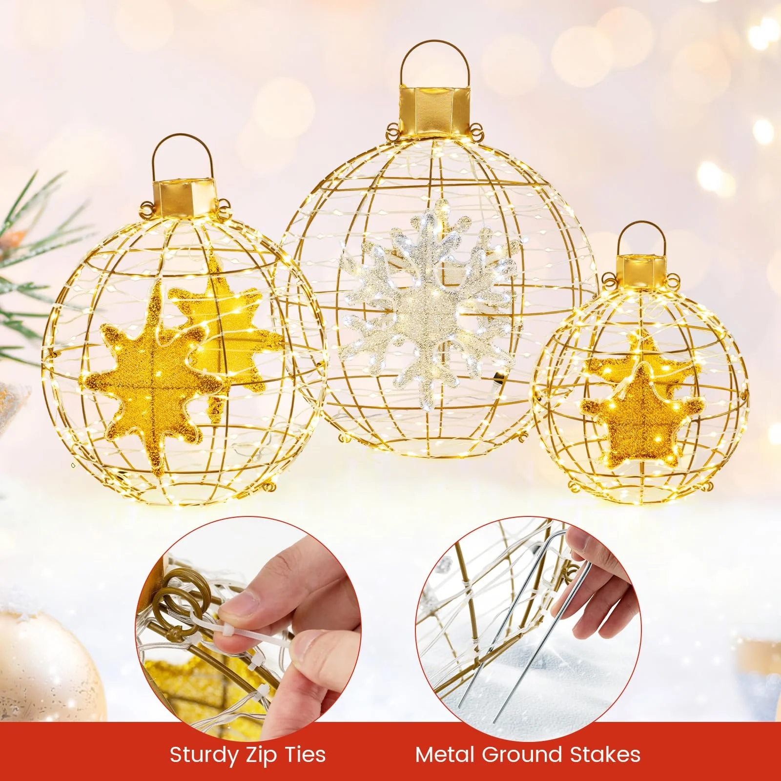 Goplus 3 PCS Pre-Lit Lantern Balls, Hanging/Standing Christmas Ornaments with 732 Bright LED Lights, Zip Ties & Ground Stakes - Image 8