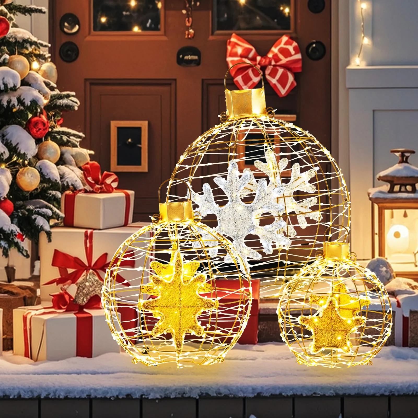 Goplus 3 PCS Pre-Lit Lantern Balls, Hanging/Standing Christmas Ornaments with 732 Bright LED Lights, Zip Ties & Ground Stakes - Image 9