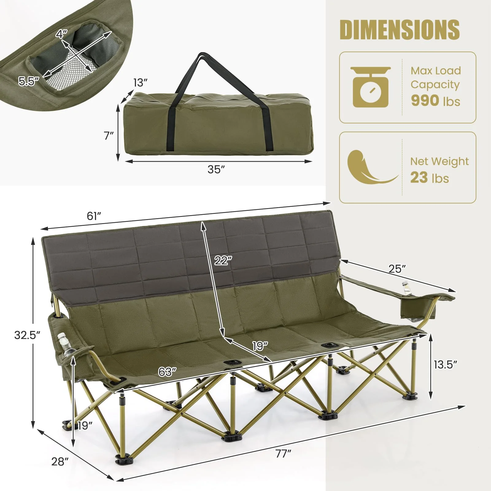 Goplus 3 Person Camping Chair for Adults, Outdoor Folding Oversized Camping Couch Chair (3-Person Seat) - Image 3