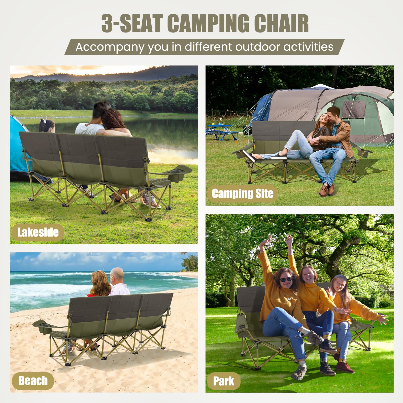 Goplus 3 Person Camping Chair for Adults, Outdoor Folding Oversized Camping Couch Chair (3-Person Seat) - Image 8