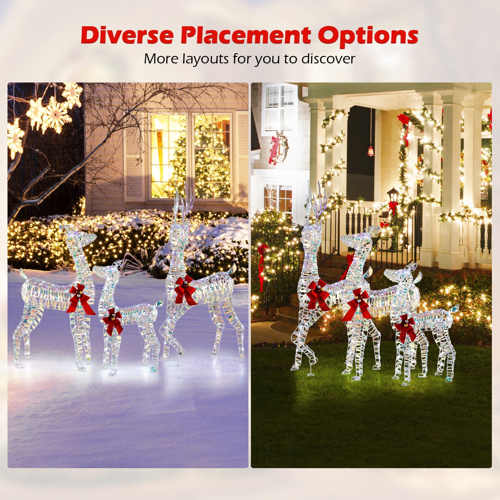 Goplus 3-Piece Large Lighted Christmas Reindeer Family, Light up Xmas Decorations w/LED Lights & Bows - Image 2