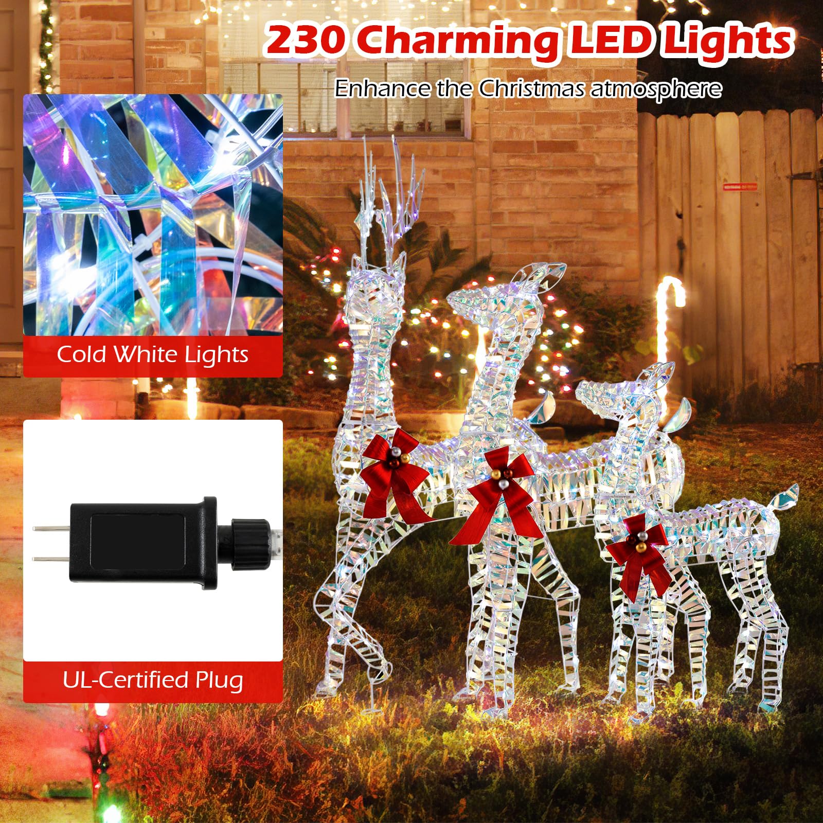 Goplus 3-Piece Large Lighted Christmas Reindeer Family, Light up Xmas Decorations w/LED Lights & Bows - Image 3