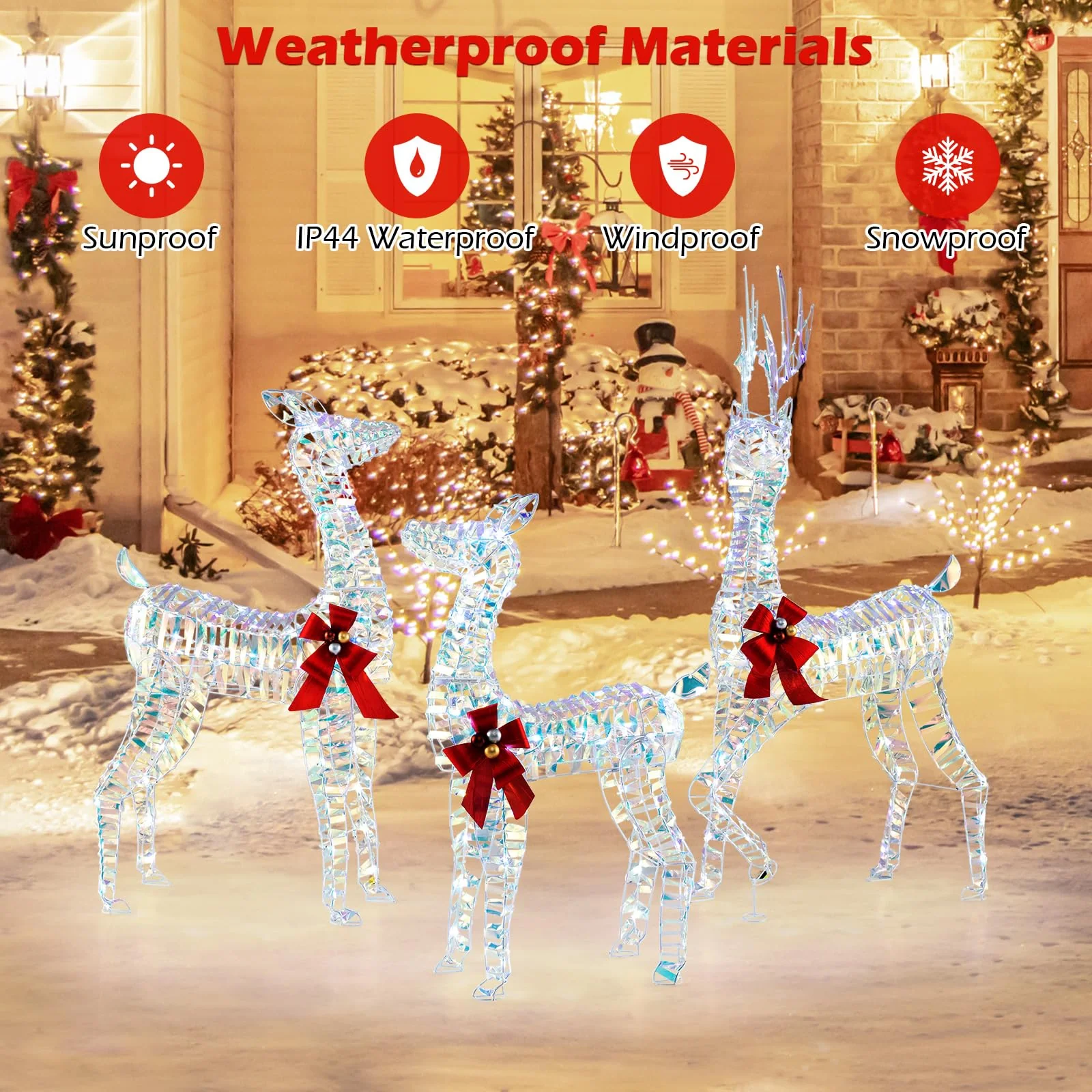 Goplus 3-Piece Large Lighted Christmas Reindeer Family, Light up Xmas Decorations w/LED Lights & Bows - Image 4