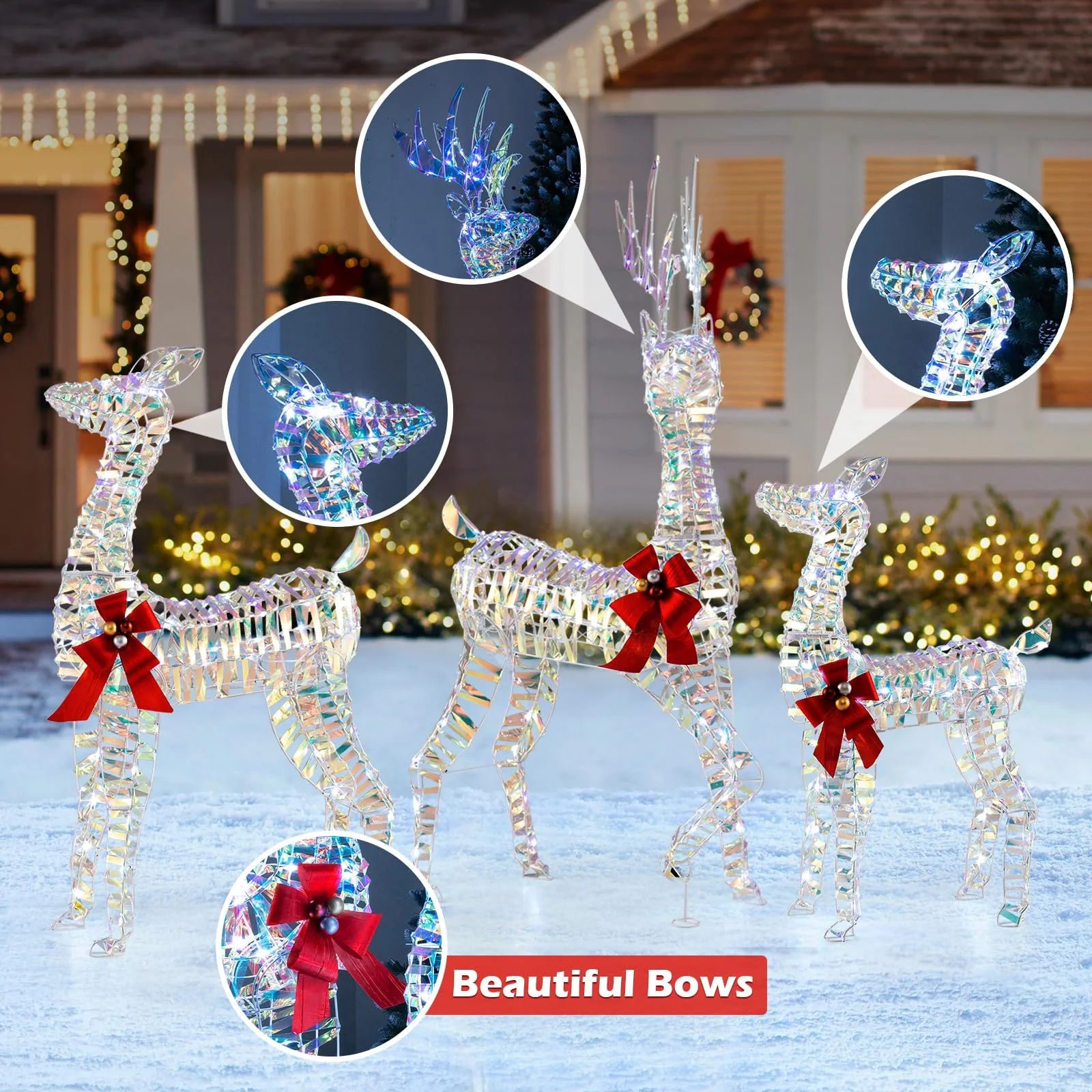 Goplus 3-Piece Large Lighted Christmas Reindeer Family, Light up Xmas Decorations w/LED Lights & Bows - Image 5
