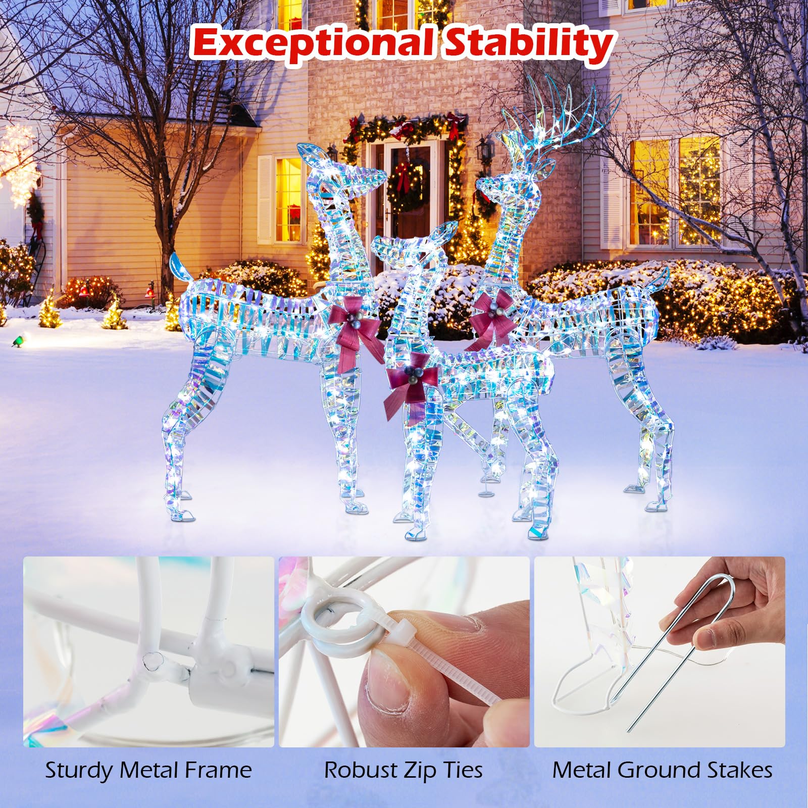 Goplus 3-Piece Large Lighted Christmas Reindeer Family, Light up Xmas Decorations w/LED Lights & Bows - Image 6