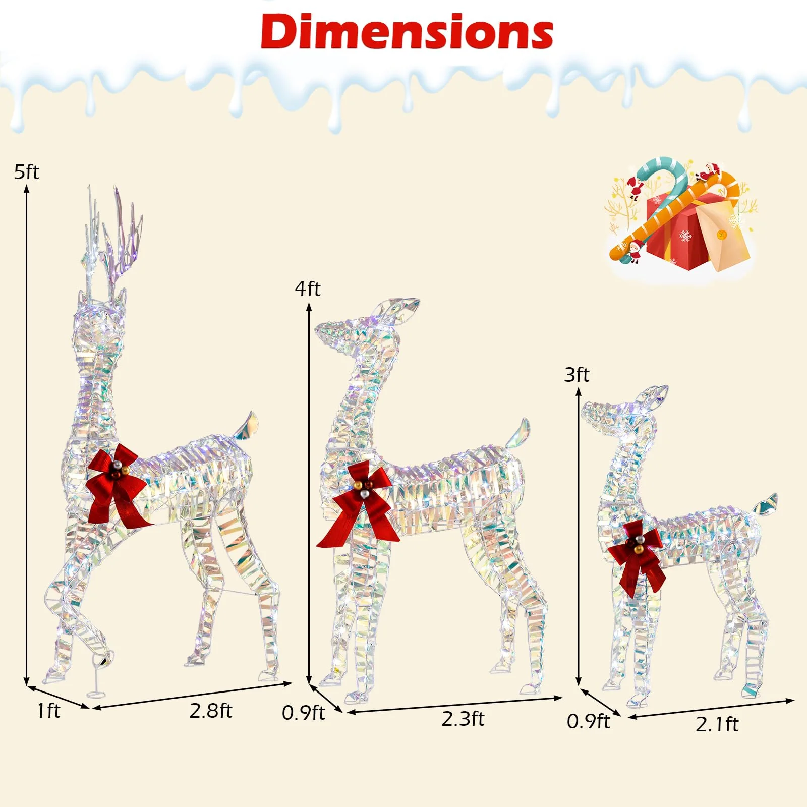 Goplus 3-Piece Large Lighted Christmas Reindeer Family, Light up Xmas Decorations w/LED Lights & Bows - Image 7