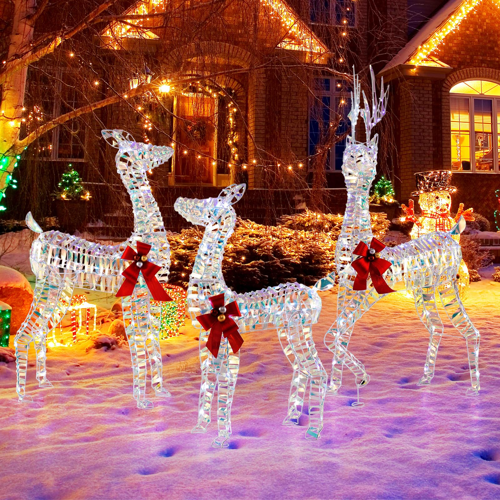 Goplus 3-Piece Large Lighted Christmas Reindeer Family, Light up Xmas Decorations w/LED Lights & Bows - Image 8