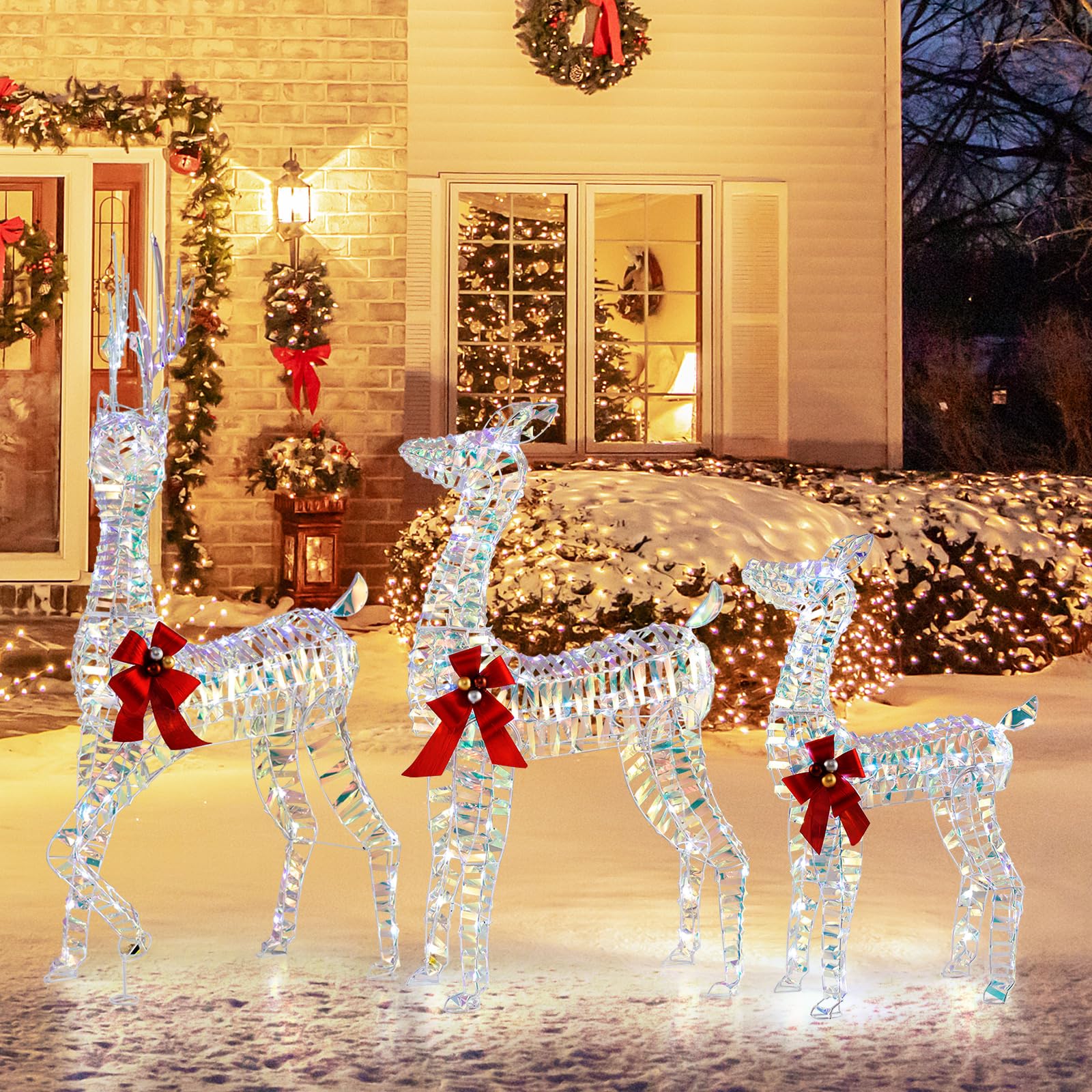 Goplus 3-Piece Large Lighted Christmas Reindeer Family, Light up Xmas Decorations w/LED Lights & Bows - Image 9