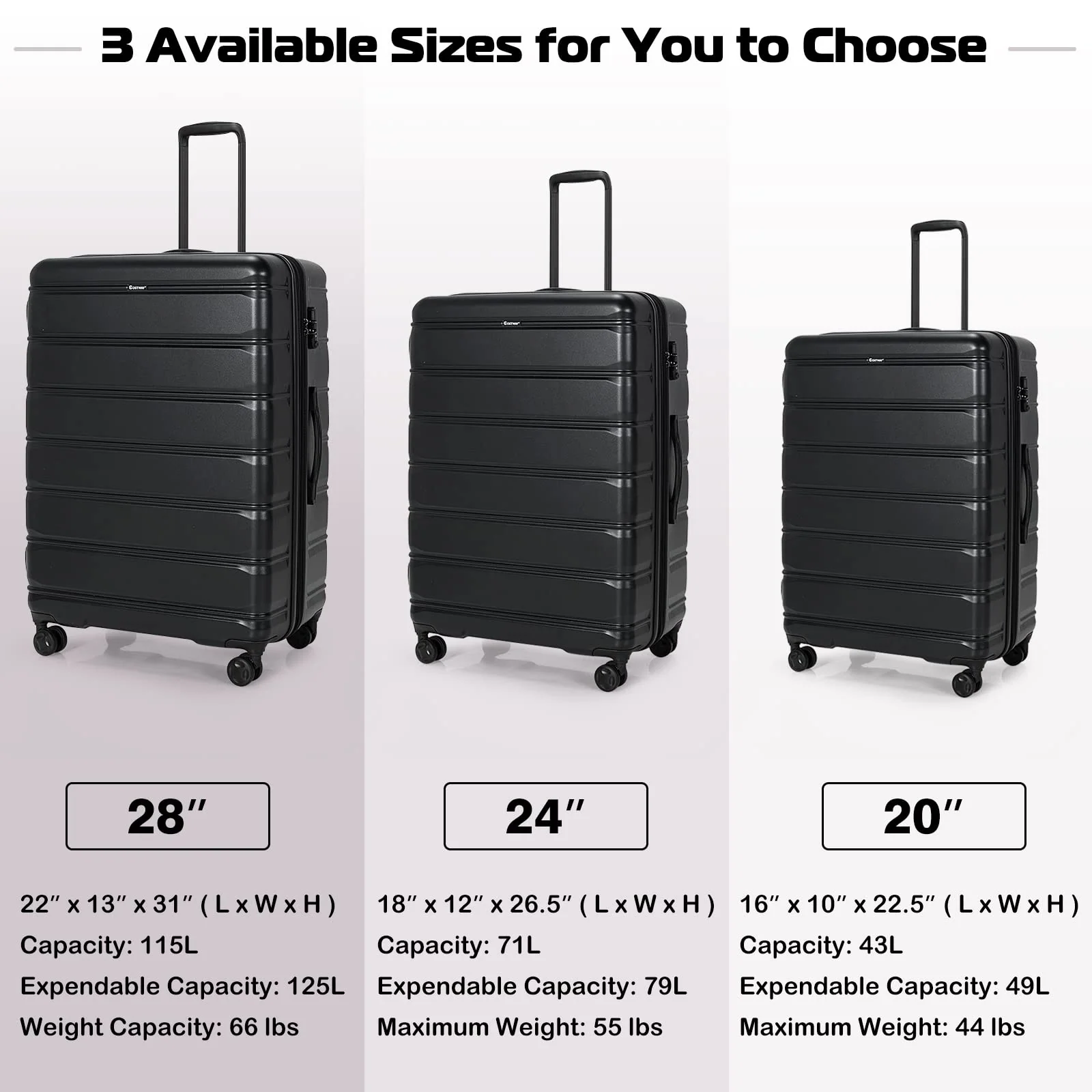 Goplus 3 Piece Luggage Set, Expandable Spinner Suitcase - Image 3