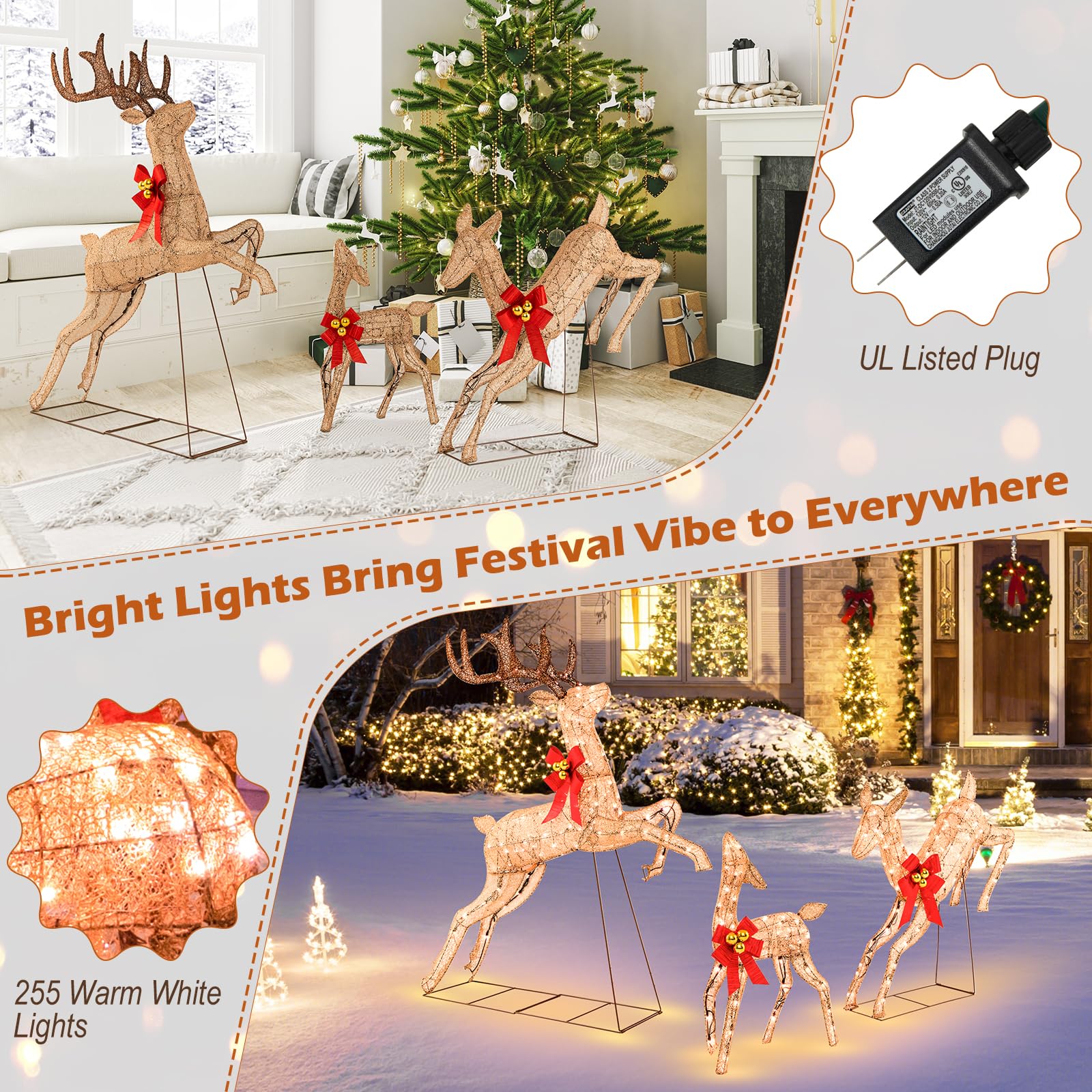 Goplus 3 Pieces Light up Christmas Reindeers Pre-lit Glittering Reindeer Family Set - Image 2