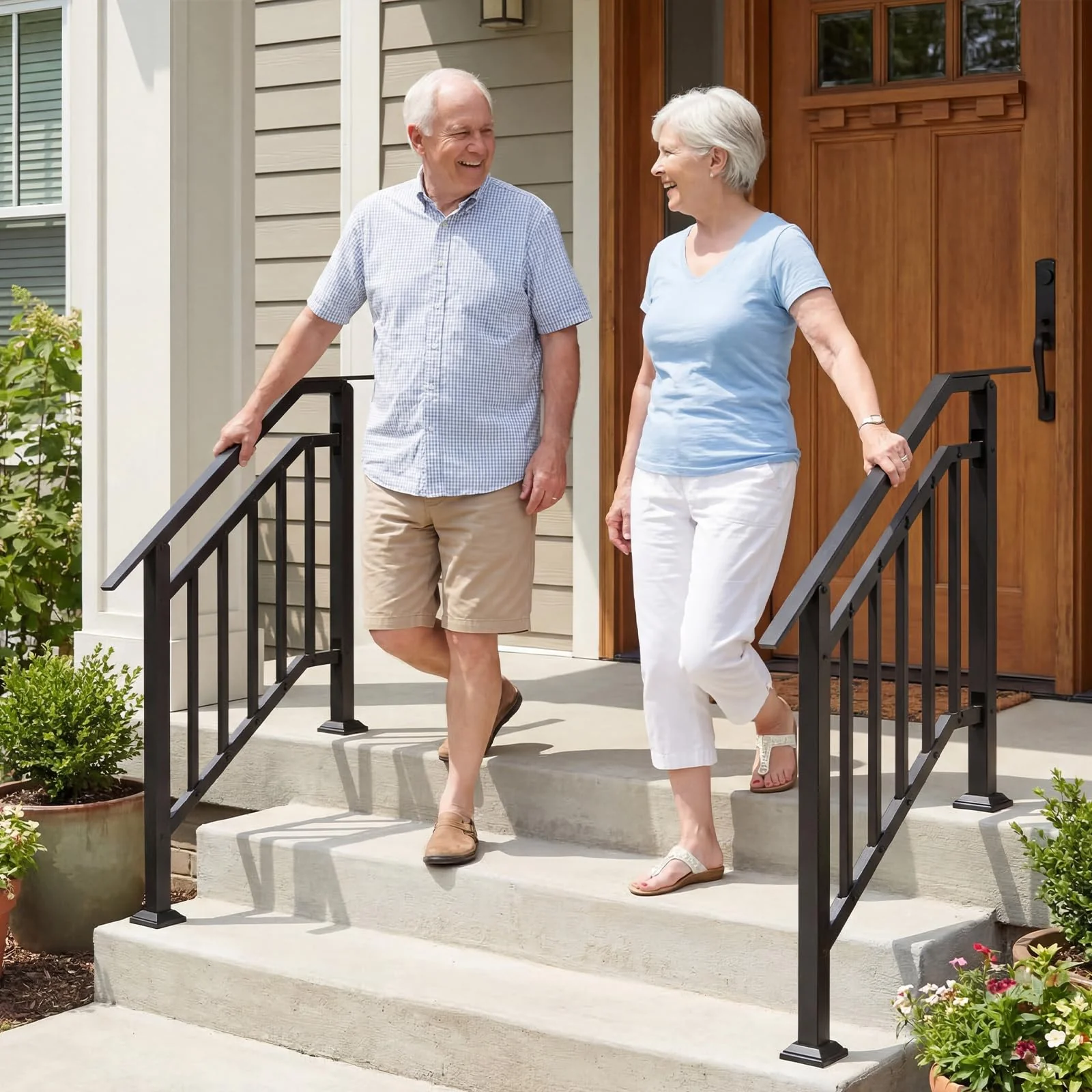 Goplus 3-Step Galvanized Metal Hand Rails with Adjustable Angle for Outdoor Steps (2 Pack) - Image 2