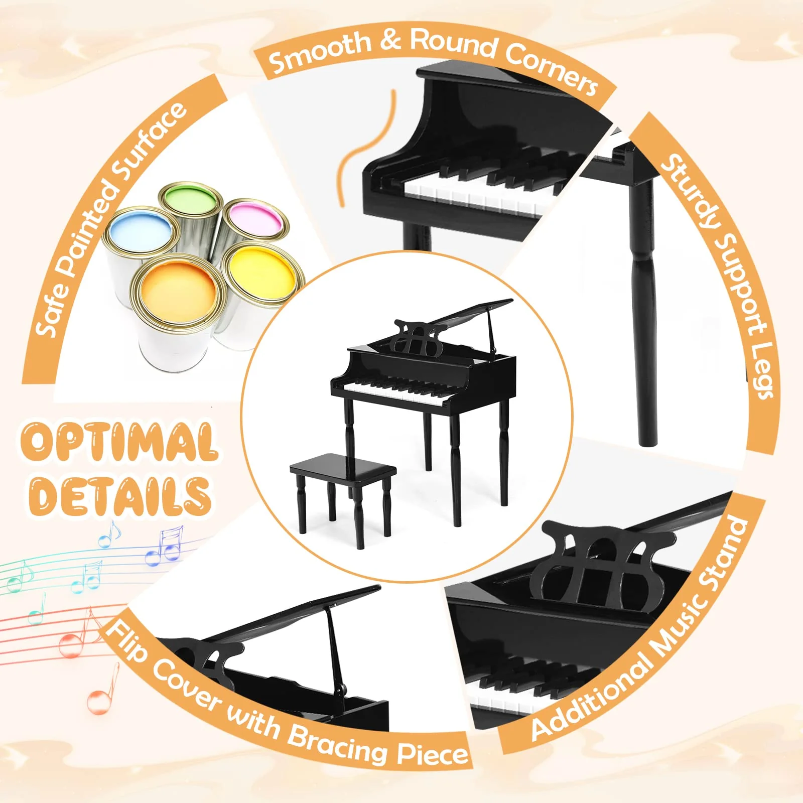Goplus 30-Key Classical Kids Piano, Mini Grand Piano Wooden Learn-to-Play Musical Instrument Toy with Bench (4 Straight Leg-Black) - Image 3