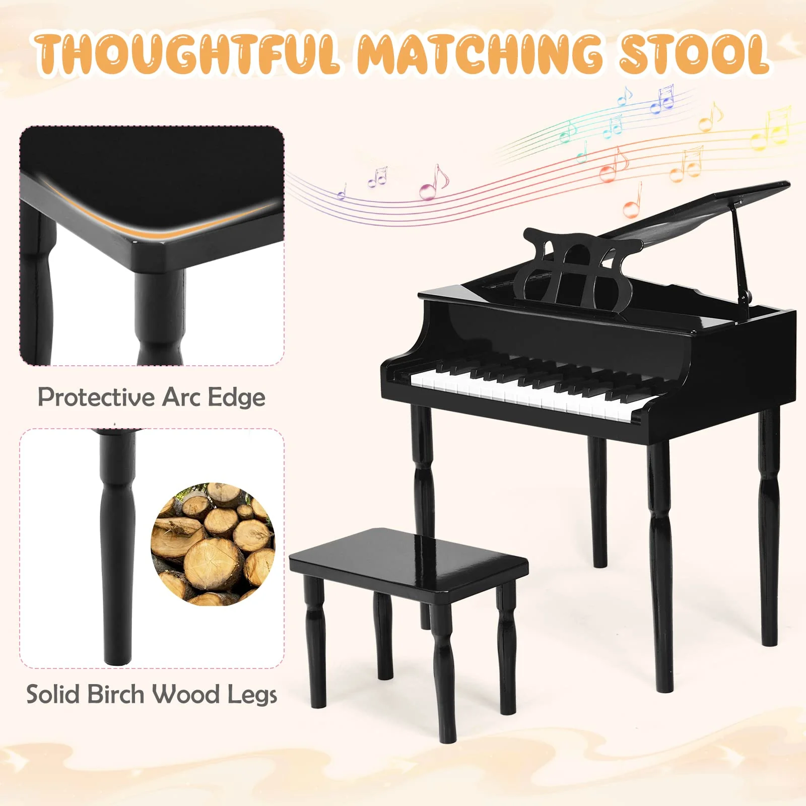 Goplus 30-Key Classical Kids Piano, Mini Grand Piano Wooden Learn-to-Play Musical Instrument Toy with Bench (4 Straight Leg-Black) - Image 4