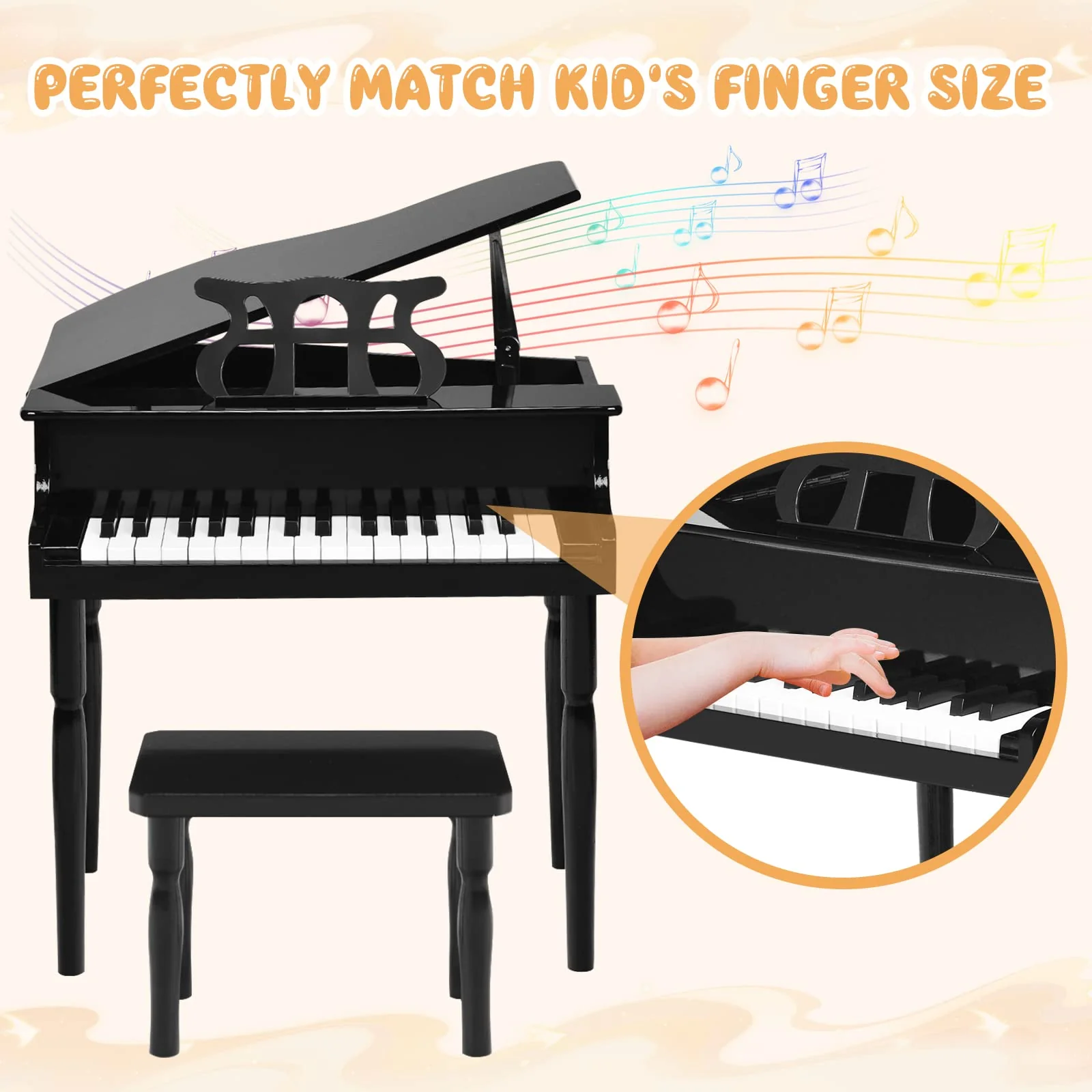 Goplus 30-Key Classical Kids Piano, Mini Grand Piano Wooden Learn-to-Play Musical Instrument Toy with Bench (4 Straight Leg-Black) - Image 5