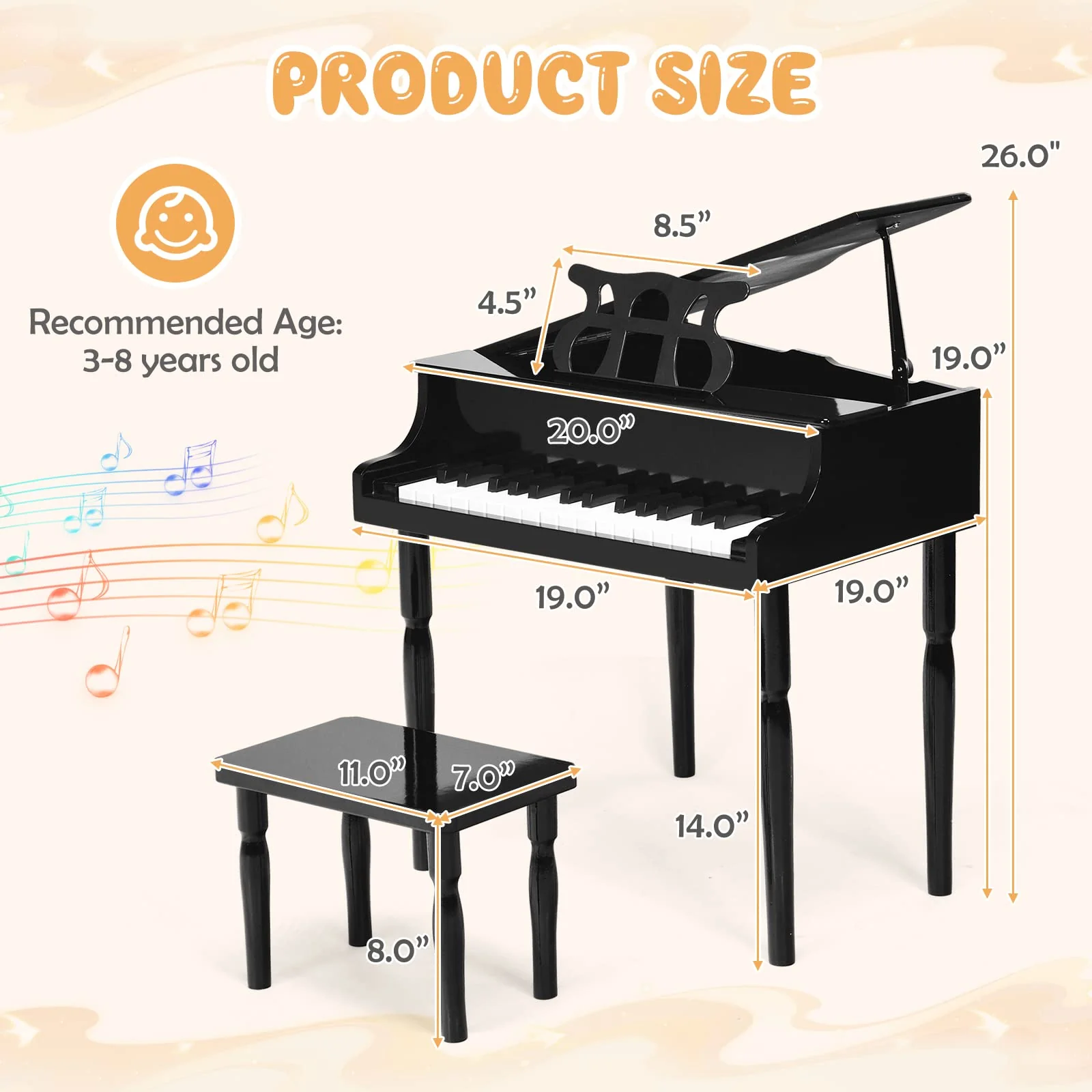 Goplus 30-Key Classical Kids Piano, Mini Grand Piano Wooden Learn-to-Play Musical Instrument Toy with Bench (4 Straight Leg-Black) - Image 6