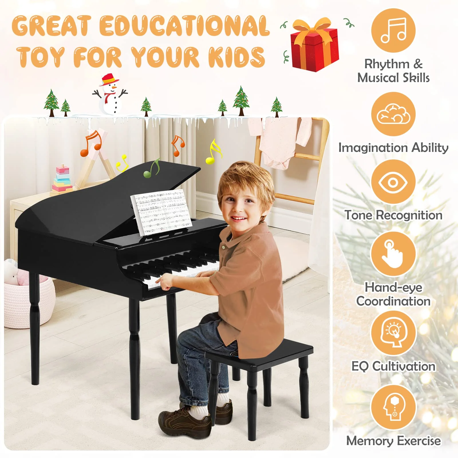 Goplus 30-Key Classical Kids Piano, Mini Grand Piano Wooden Learn-to-Play Musical Instrument Toy with Bench (4 Straight Leg-Black) - Image 7