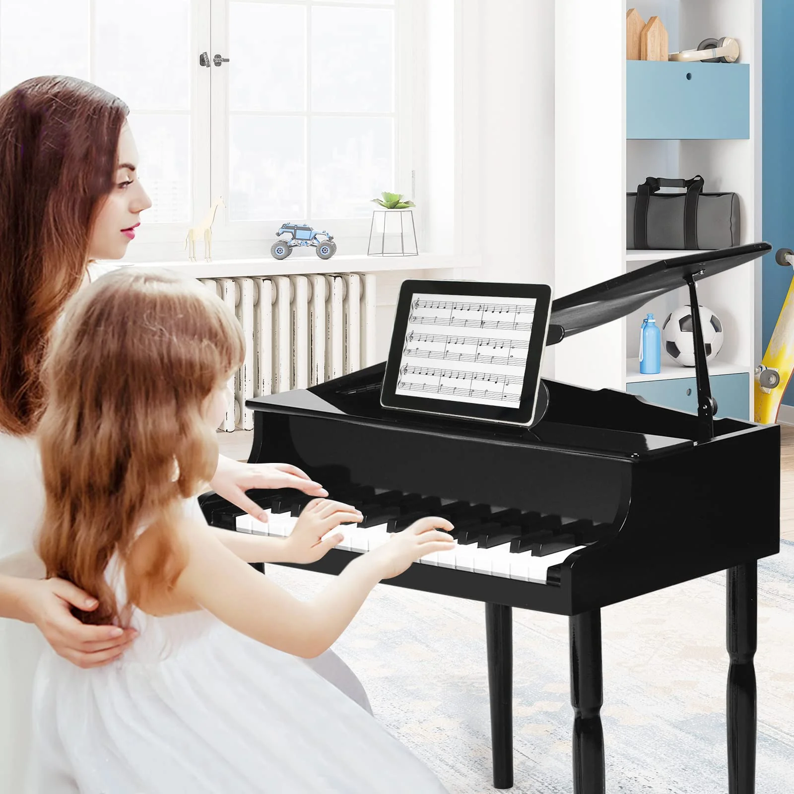 Goplus 30-Key Classical Kids Piano, Mini Grand Piano Wooden Learn-to-Play Musical Instrument Toy with Bench (4 Straight Leg-Black) - Image 8