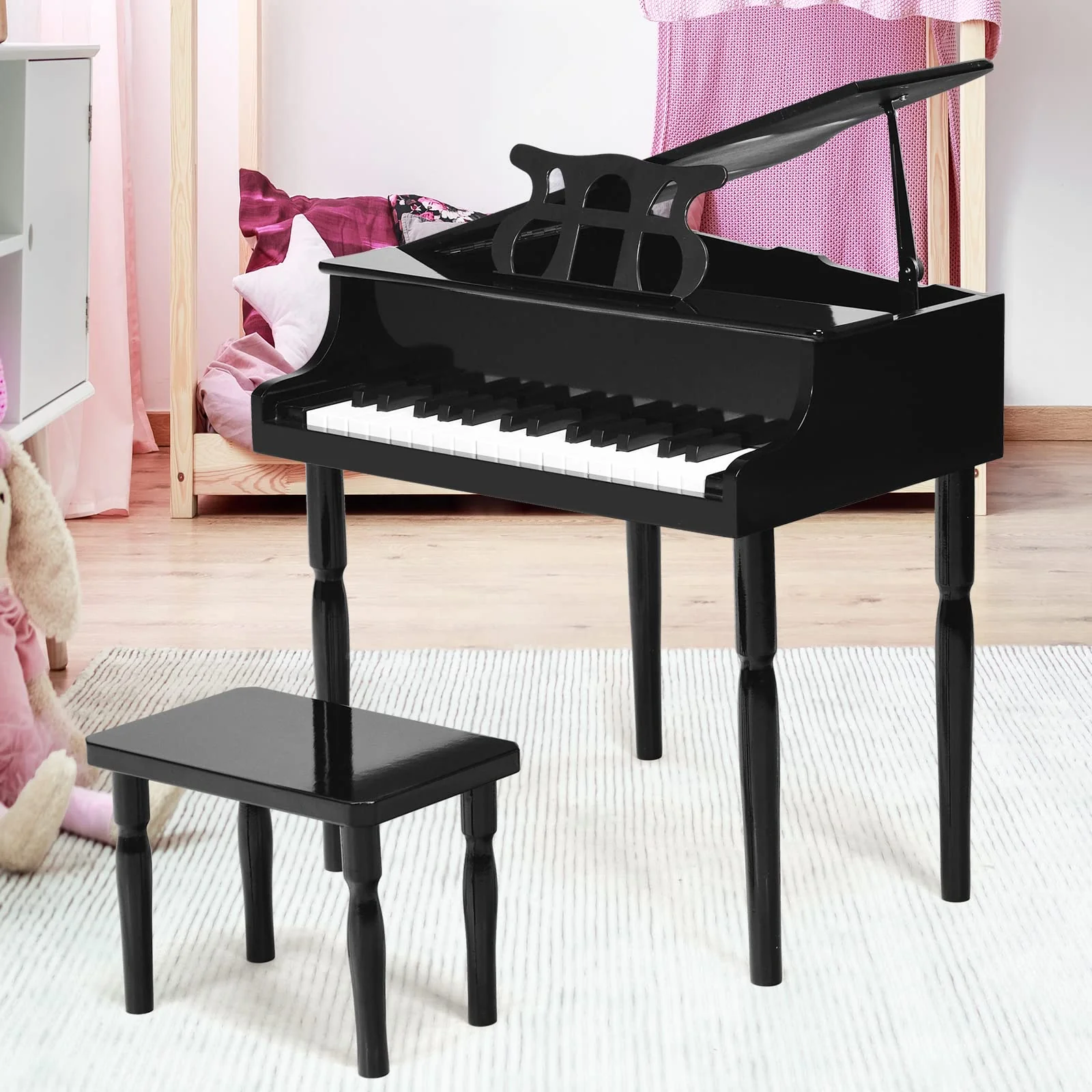 Goplus 30-Key Classical Kids Piano, Mini Grand Piano Wooden Learn-to-Play Musical Instrument Toy with Bench (4 Straight Leg-Black) - Image 9