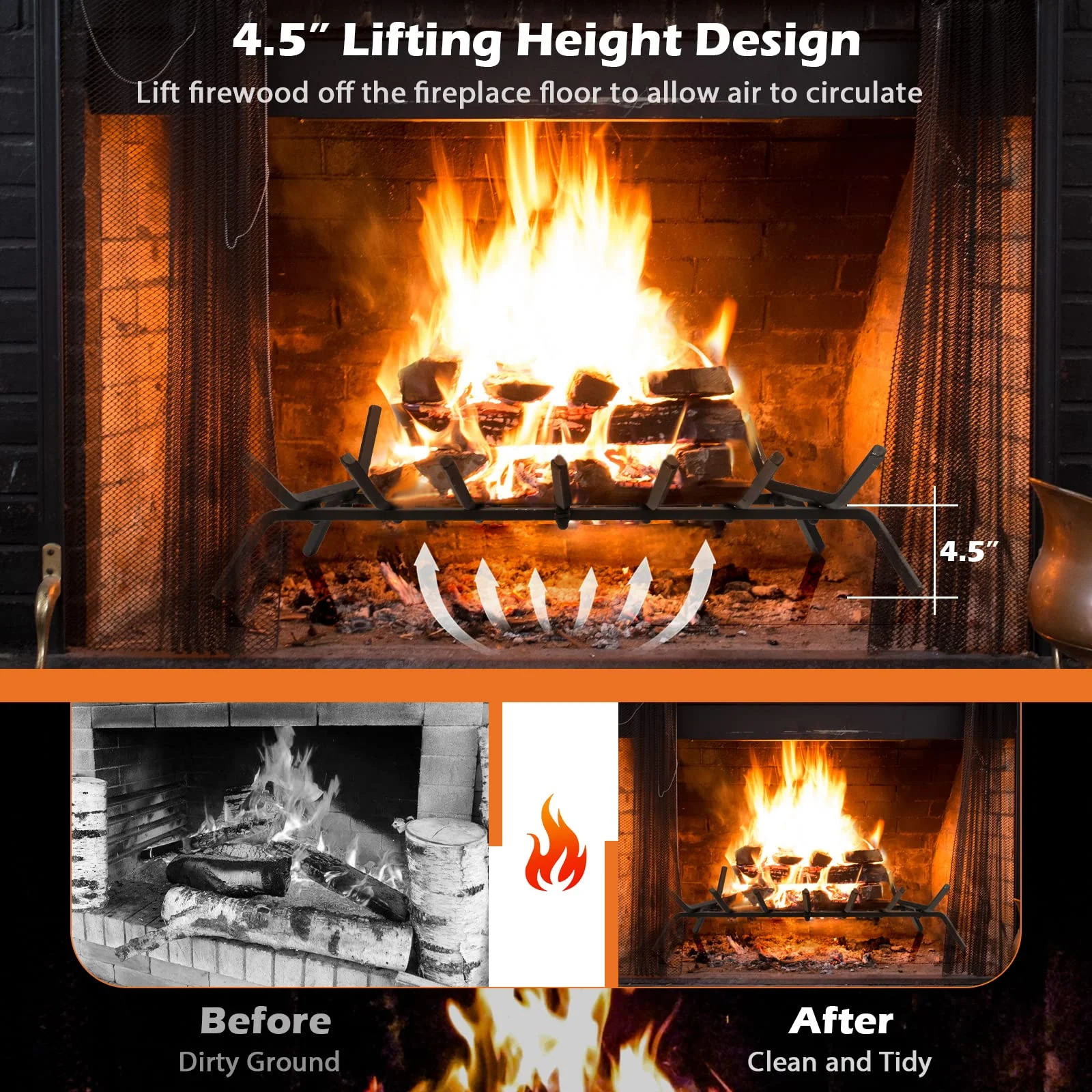 Goplus 31 Inch Fireplace Log Grate, Heavy Duty Steel Fireplace Log Holder with 3/4 Wide Solid Bars for Outdoor Kindling Tools Pit - Image 4