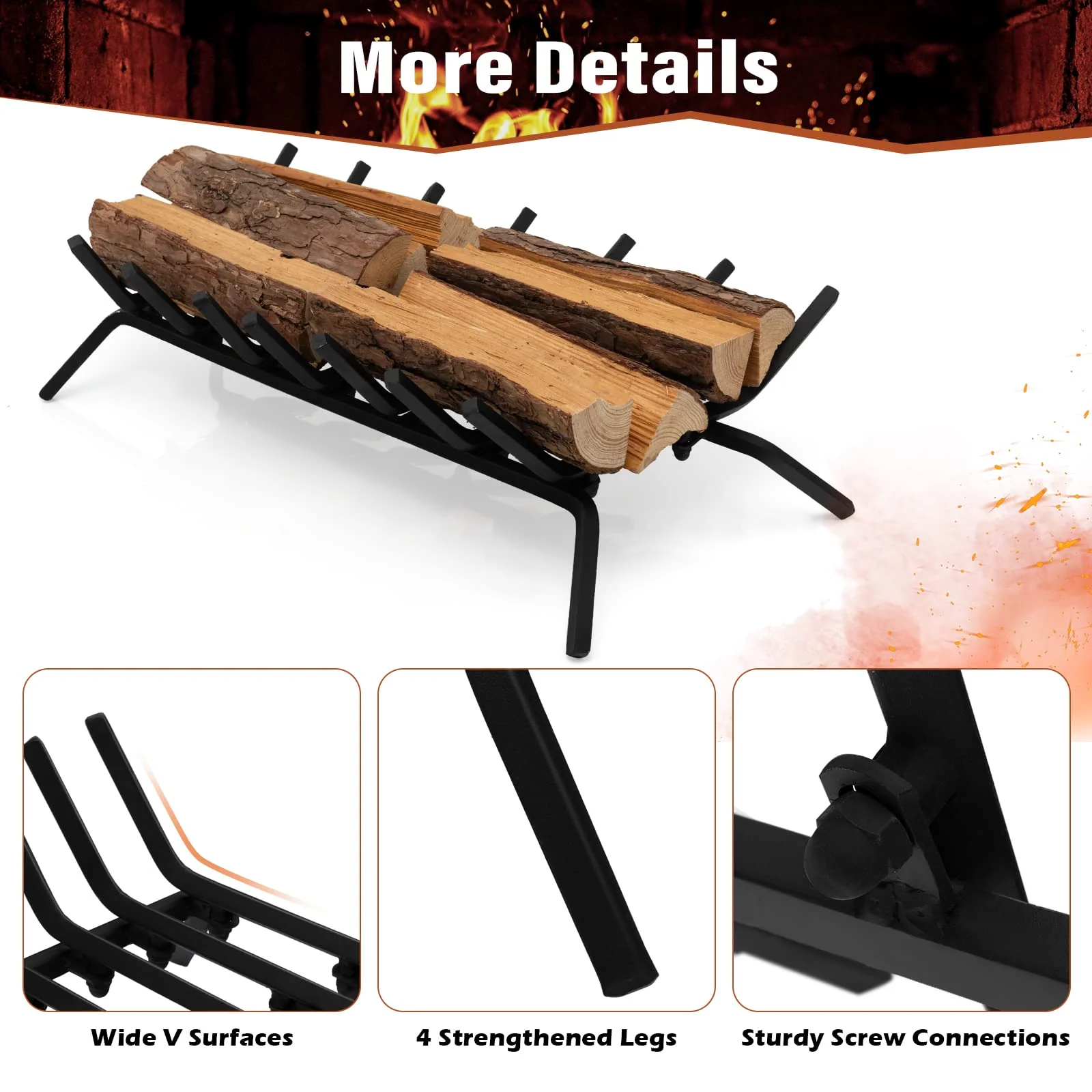 Goplus 31 Inch Fireplace Log Grate, Heavy Duty Steel Fireplace Log Holder with 3/4 Wide Solid Bars for Outdoor Kindling Tools Pit - Image 5