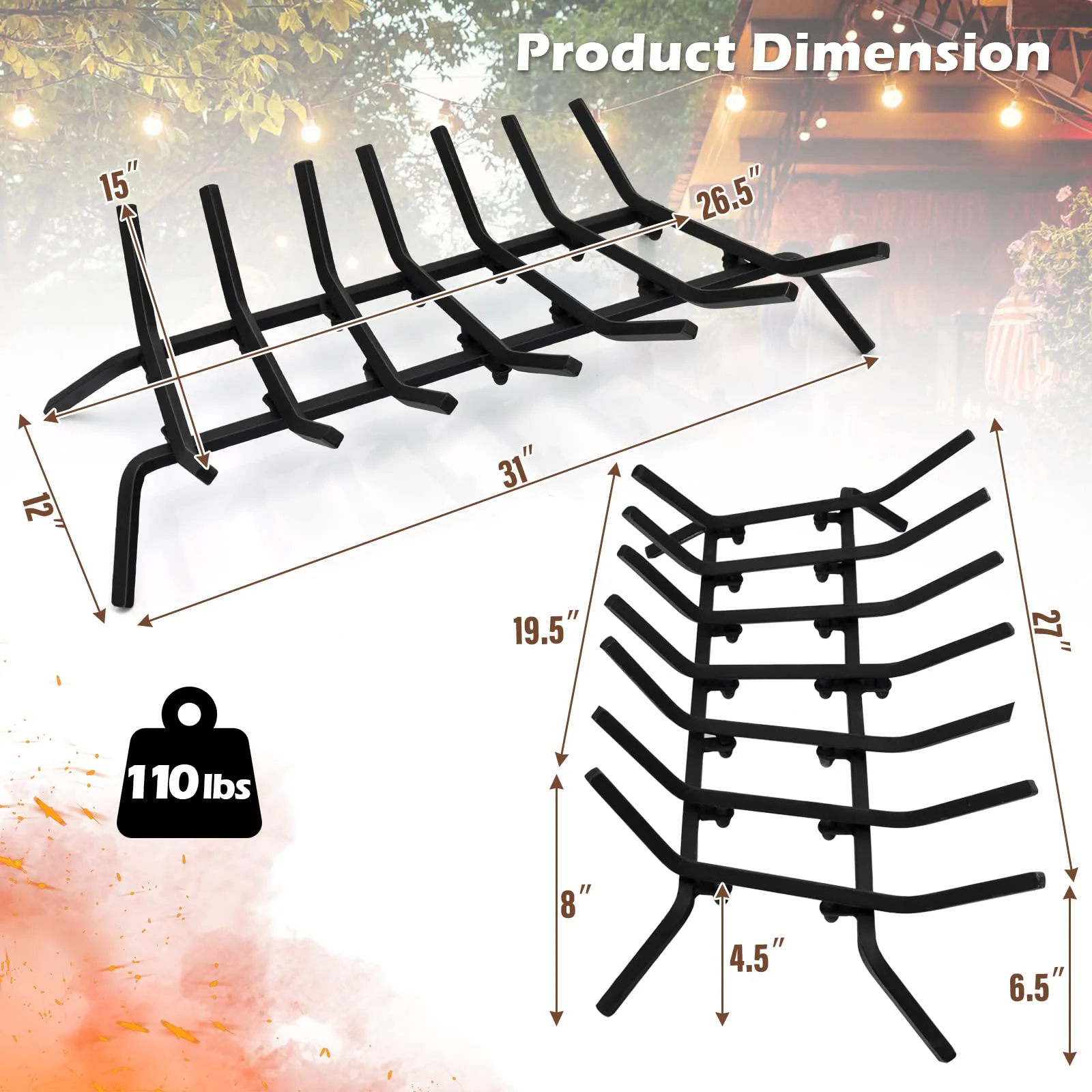 Goplus 31 Inch Fireplace Log Grate, Heavy Duty Steel Fireplace Log Holder with 3/4 Wide Solid Bars for Outdoor Kindling Tools Pit - Image 8