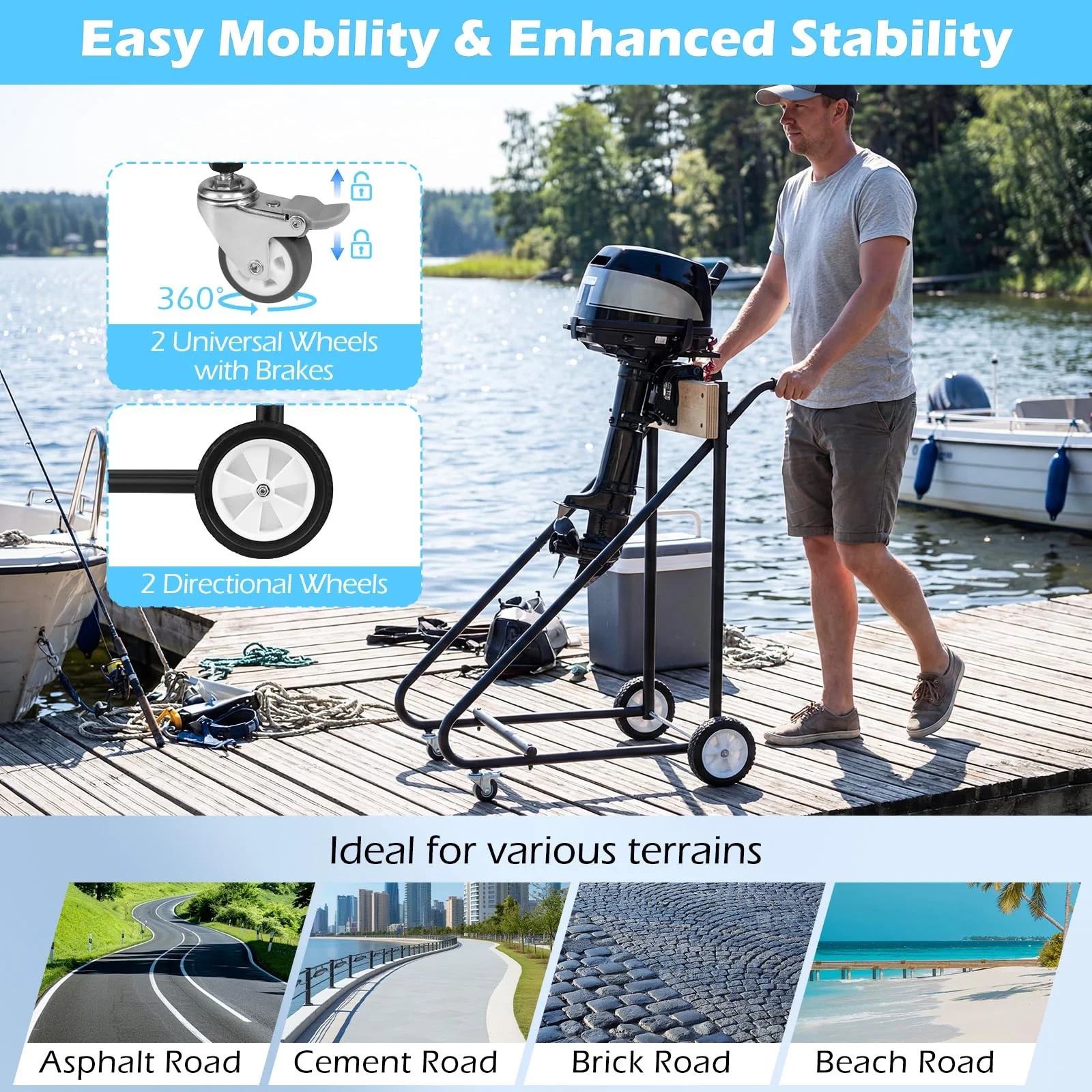 Goplus 330 LBS Boat Motor Stand w/ 4 Rubber Casters for Motor Transportation Repair Maintenance - Image 4