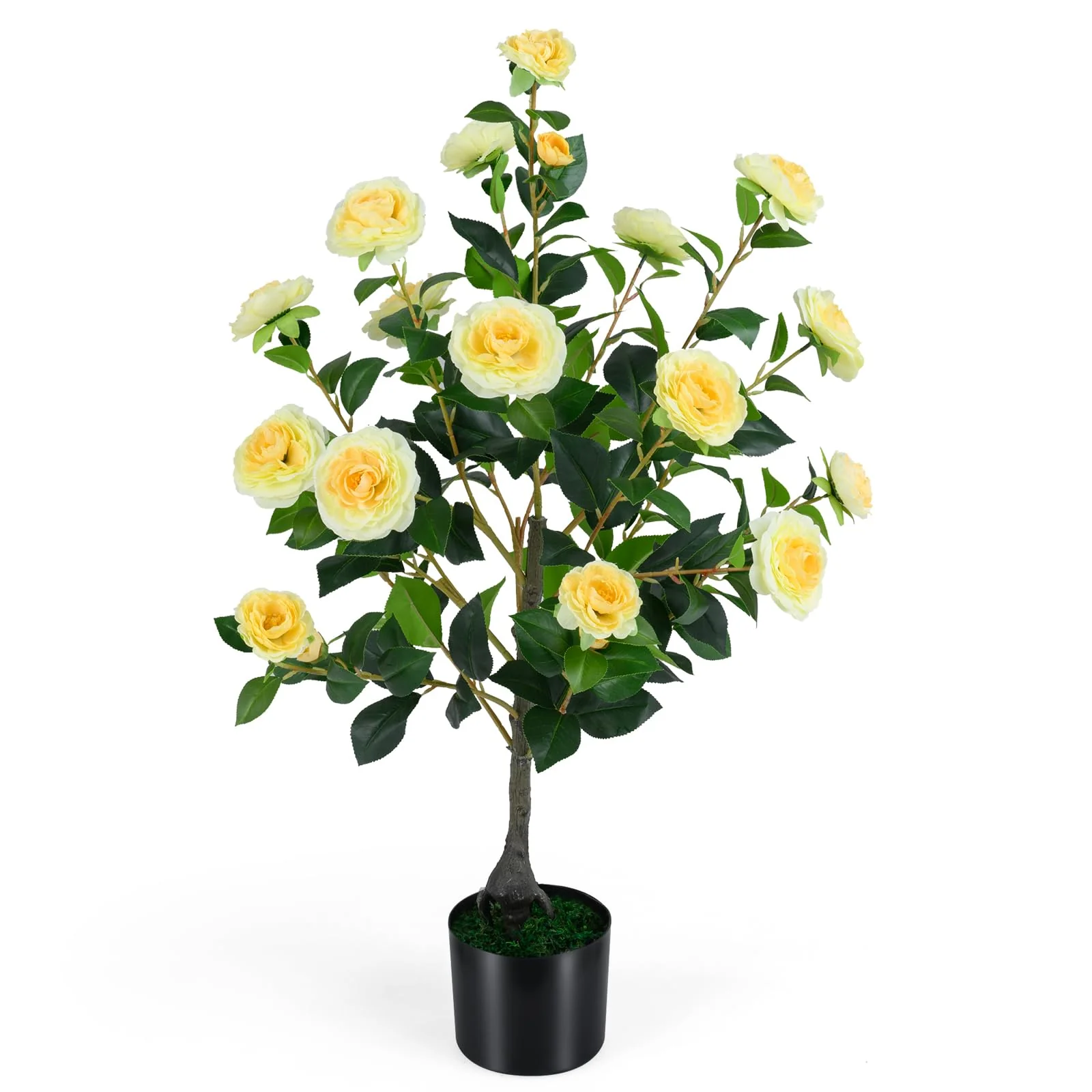 Goplus 35.5" Artificial Camellia Tree Faux Floral Plant Blooming Tree in Cement Pot