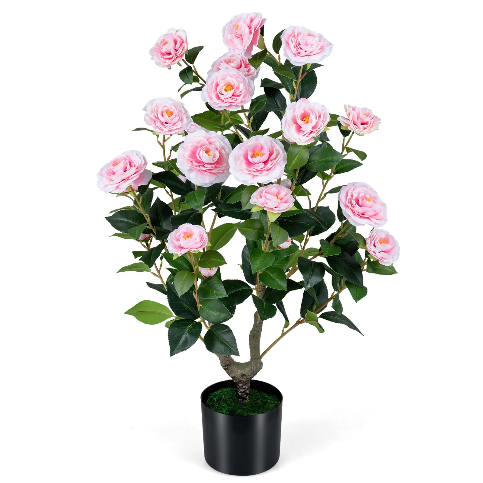 Goplus 35.5" Artificial Camellia Tree Faux Floral Plant Blooming Tree in Cement Pot - Image 3