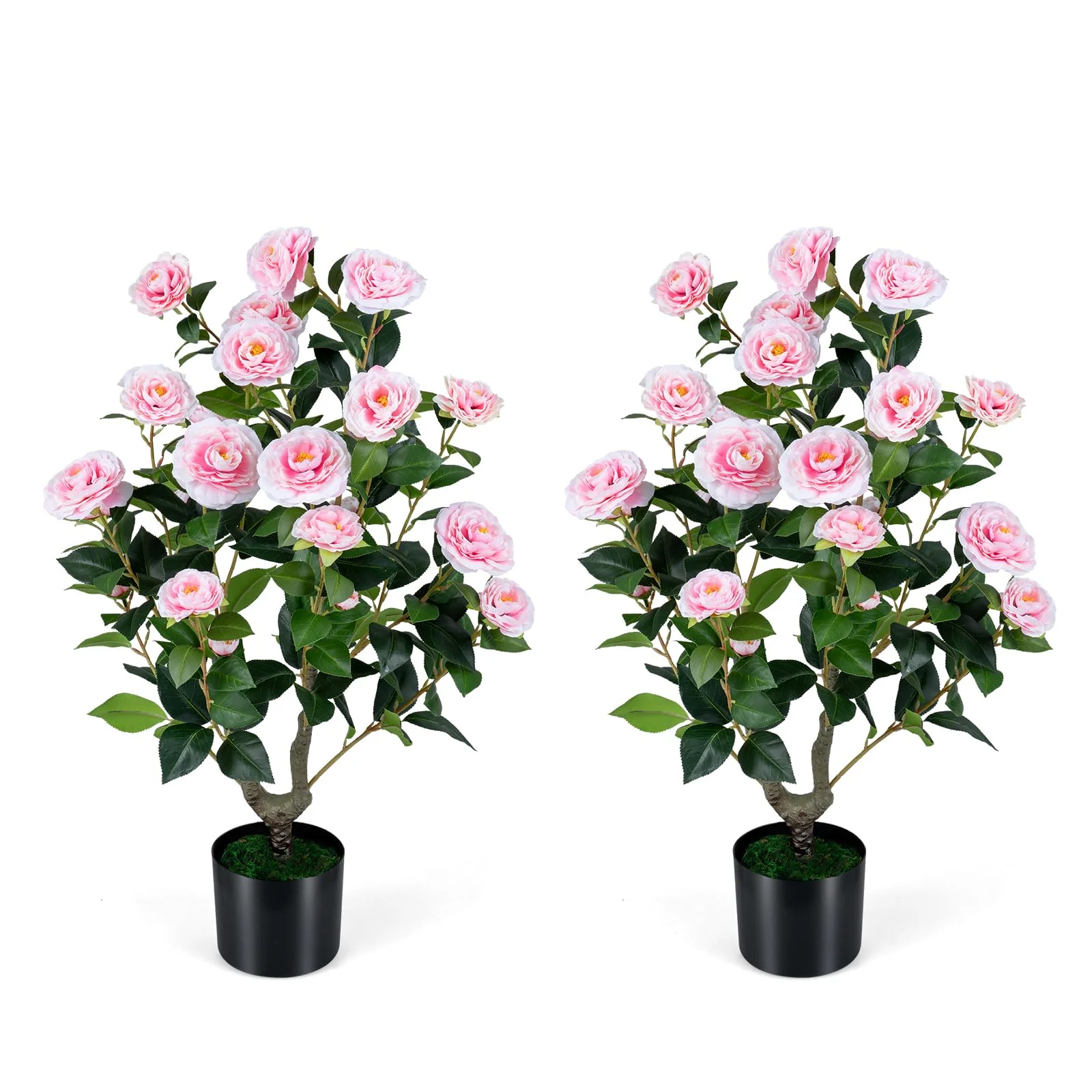 Goplus 35.5" Artificial Camellia Tree Faux Floral Plant Blooming Tree in Cement Pot - Image 4
