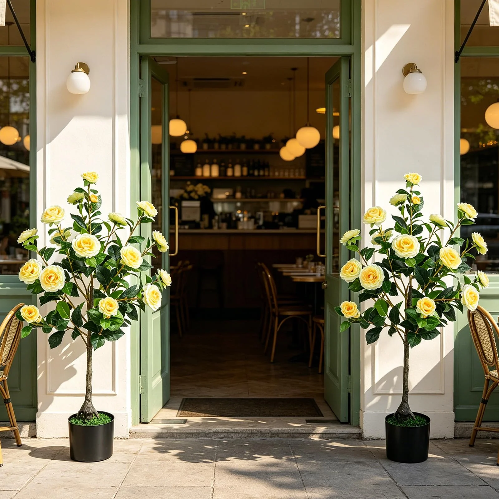 Goplus 35.5" Artificial Camellia Tree Faux Floral Plant Blooming Tree in Cement Pot - Image 5