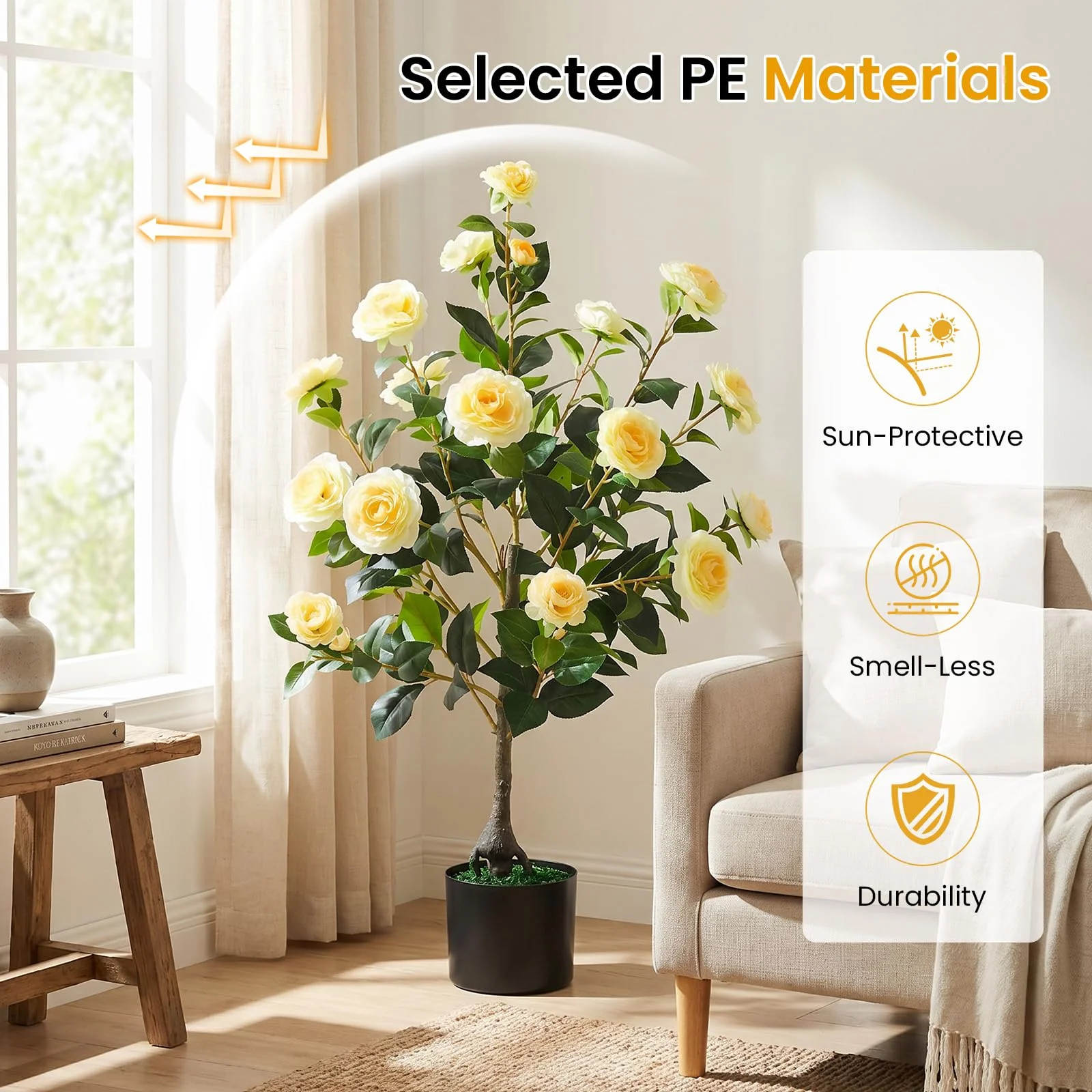 Goplus 35.5" Artificial Camellia Tree Faux Floral Plant Blooming Tree in Cement Pot - Image 6