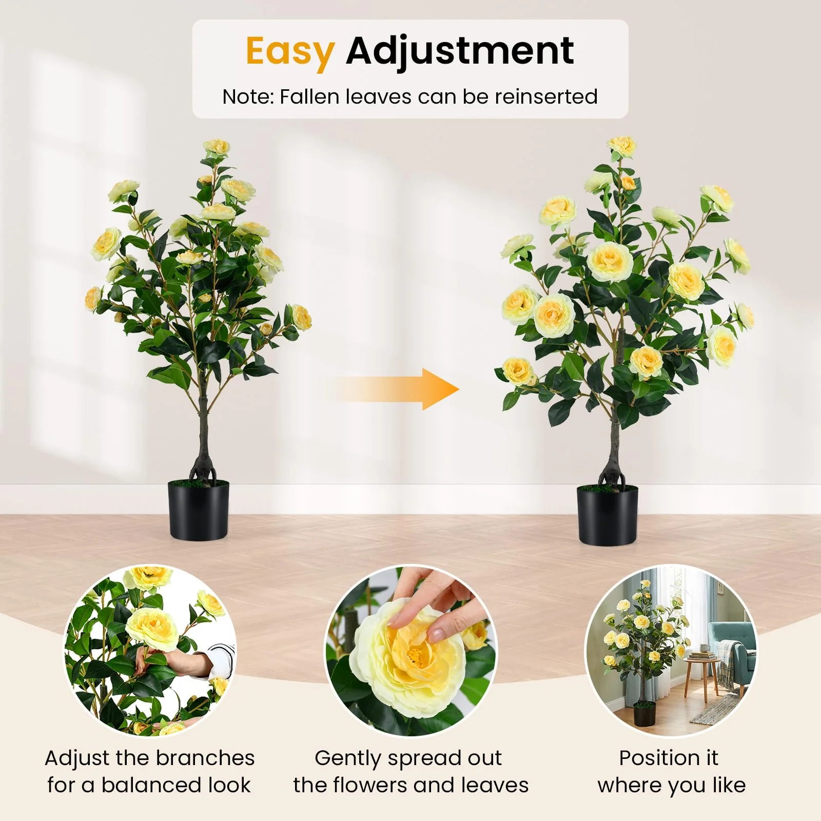 Goplus 35.5" Artificial Camellia Tree Faux Floral Plant Blooming Tree in Cement Pot - Image 7