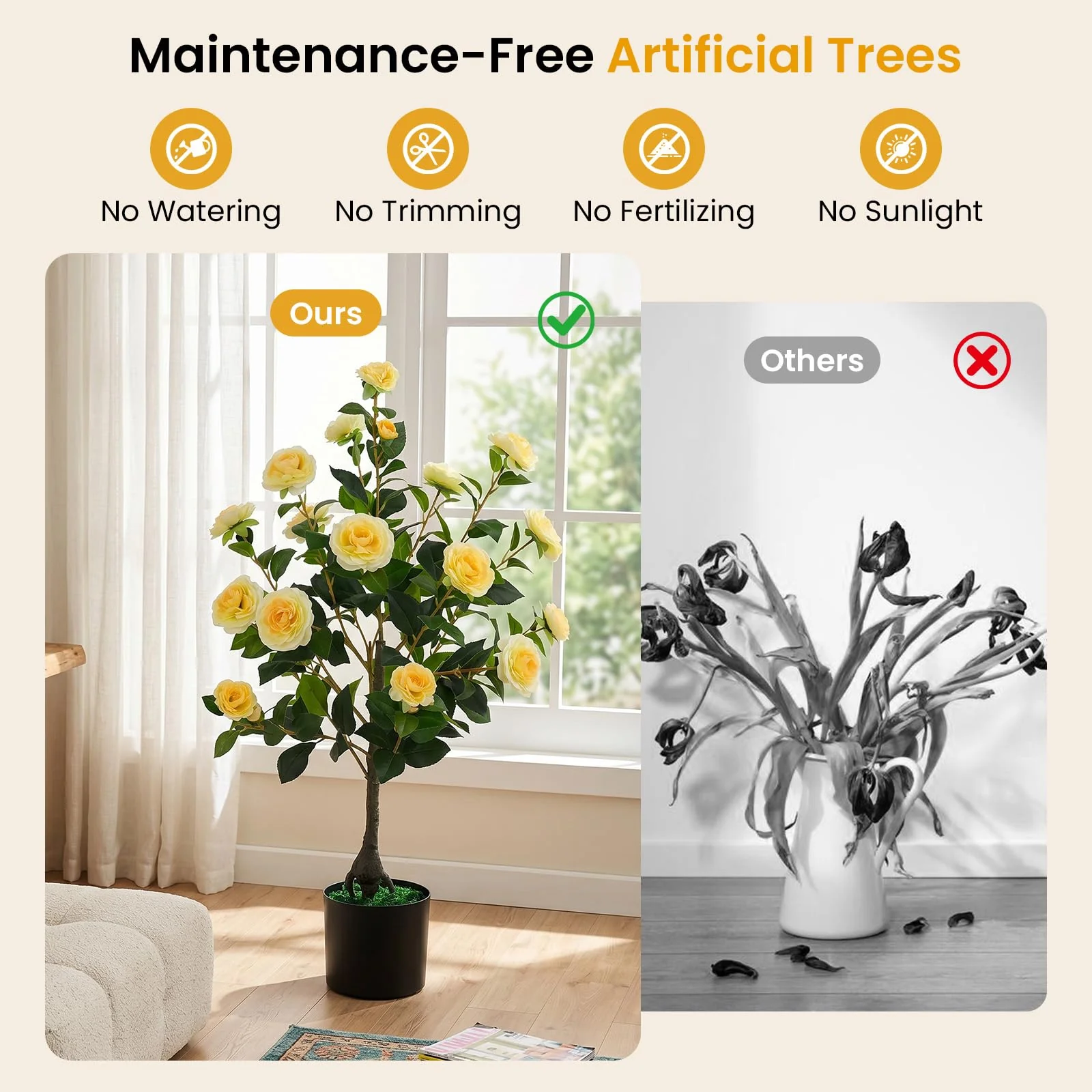Goplus 35.5" Artificial Camellia Tree Faux Floral Plant Blooming Tree in Cement Pot - Image 9