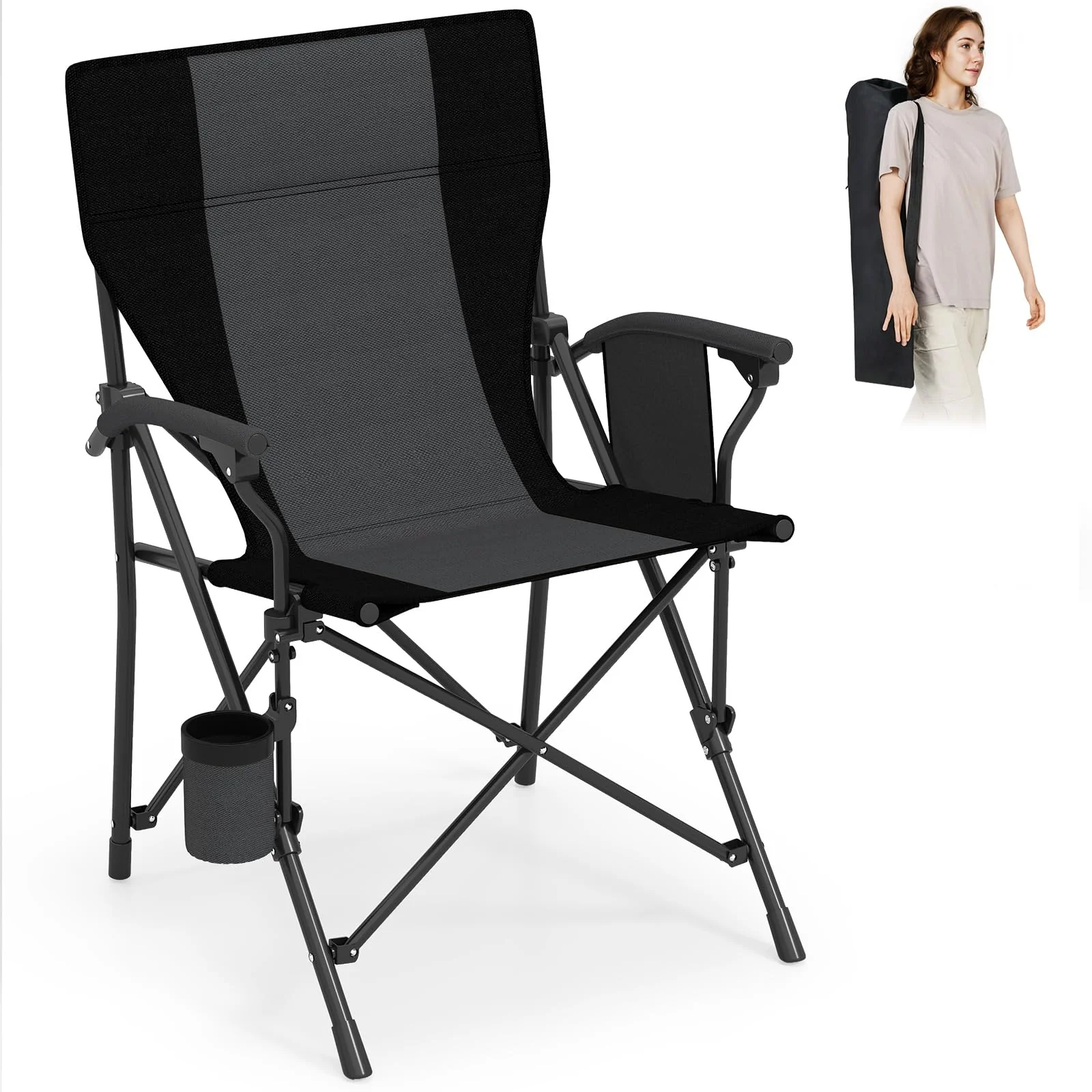 Goplus 350 LBS Portable Lawn Chair for Adults with Padded Armrests and Cup Holder