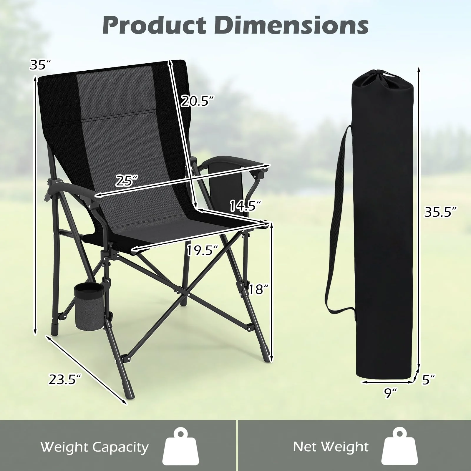 Goplus 350 LBS Portable Lawn Chair for Adults with Padded Armrests and Cup Holder - Image 3