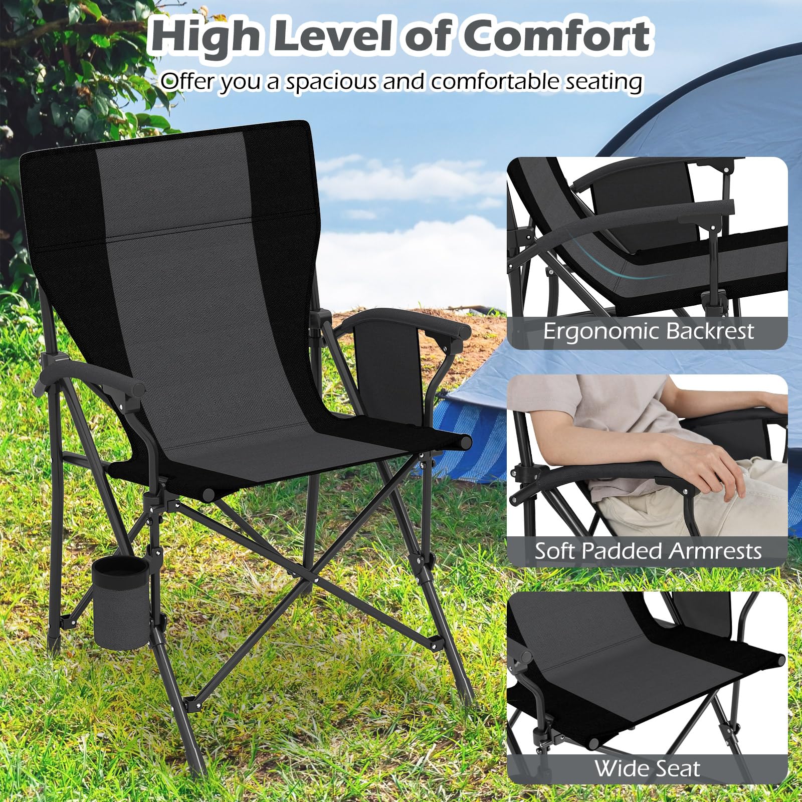 Goplus 350 LBS Portable Lawn Chair for Adults with Padded Armrests and Cup Holder - Image 5